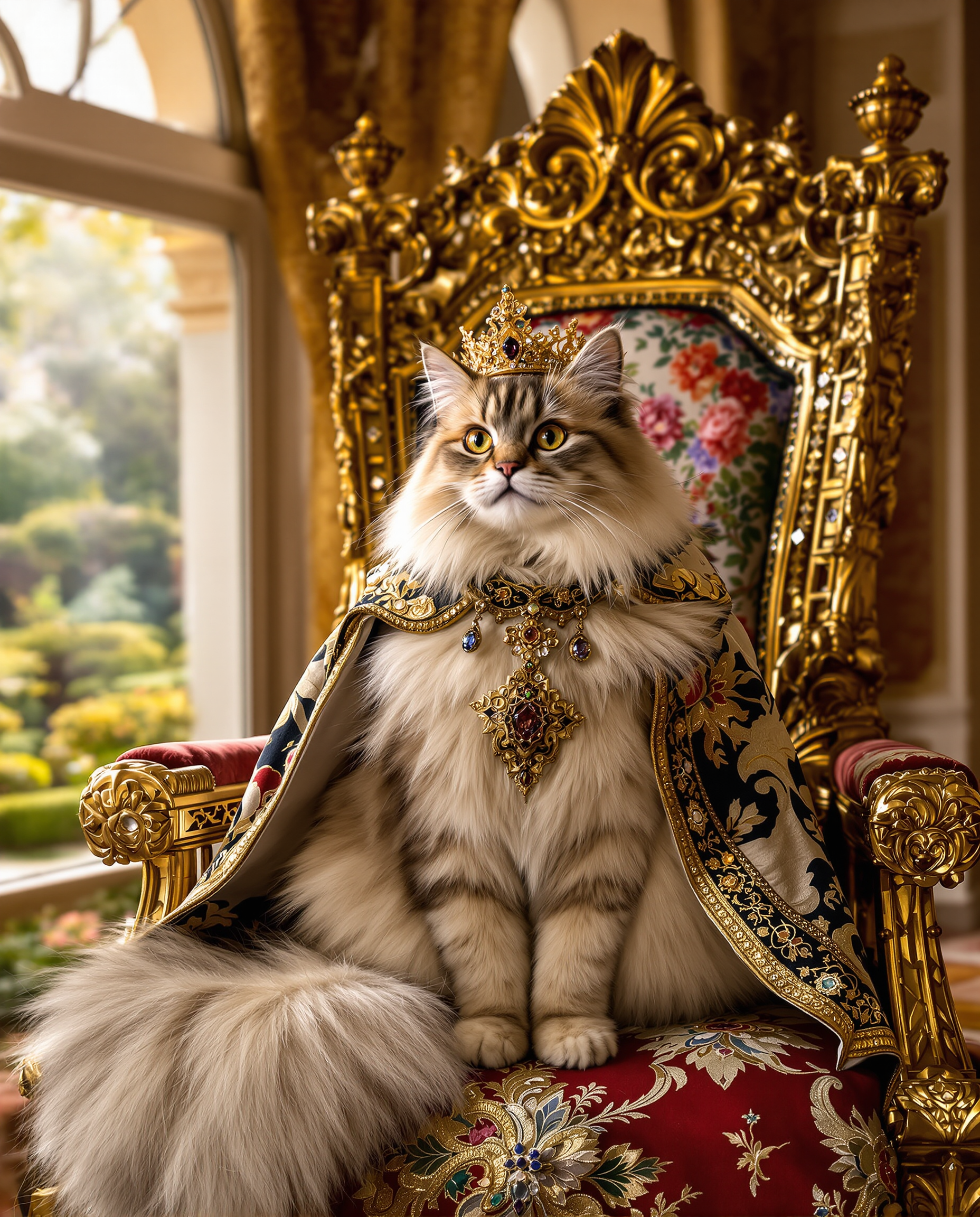 Fashion portrait of Persian Shah Cat, A graceful Persian cat with long, silken fur, seated on a jewel-encrusted throne with intricate floral patterns. The cat wears a crown of gold filigree and a royal cape of embroidered silk. The background features an opulent palace with arched windows overlooking a lush garden bathed in soft, golden light