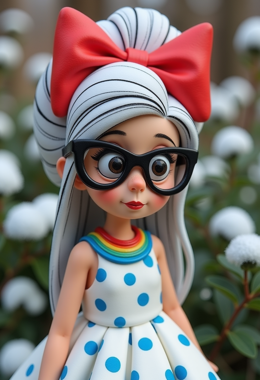 Claymation .The colors are bold and vibrant, with a limited palette that emphasizes contrast. The figures hair is a striking shade of white with black highlights, and its styled in an elaborate updo with a large, bold red bow at the top. The bow is detailed with a black outline, giving it a threedimensional appearance.The figure is wearing a sleeveless dress with a white base and a pattern of blue polka dots. The dress has a gathered bust, which adds volume and shape to the figure. The neckline of the dress is adorned with a colorful trim, which includes shades of blue, yellow, and green, creating a playful contrast against the white of the dress.The figures accessories include a pair of large, blackrimmed glasses that give her a scholarly or intellectual vibe. The glasses are detailed with a gradient of colors, from a darker shade at the top to a lighter shade at the bottom, which adds depth and dimension.Winter garden background.