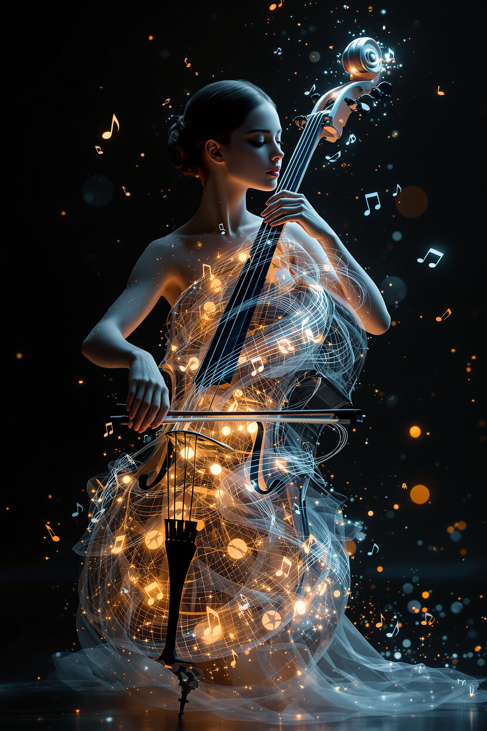 An ultra-realistic photograph of a surreal fusion of human and instrument: a female cello, photographed in 8K resolution with professional studio lighting. The female figure smoothly follows the contours and texture of the cello as accurately as possible, preserving the human beauty of the body first and foremost, while simultaneously maintaining instrumental anatomical accuracy. Her head smoothly merges into the fingerboard-neck, her hand holds the bow, her left hand lightly touches the strings on her body. The image of the woman reveals her true beauty and charm, maximally combining into a single whole with the cello. The fusion is organic and fluid, the texture of the cello wood naturally merges with human skin. Several layers of translucent musical notes and visible sound waves emanate from this graceful female cello, creating an unearthly depth. Dramatic lighting, chiaroscuro with soft edge lights emphasizes the edges of the hybrid form and the beauty of the female body. Hyperrealistic details. The background features subtle atmospheric effects suggesting musical resonance, with light particles dancing in the air. Maximum photorealism, RAW quality, high dynamic range, professional studio environment, perfect anatomical accuracy. A masterpiece.