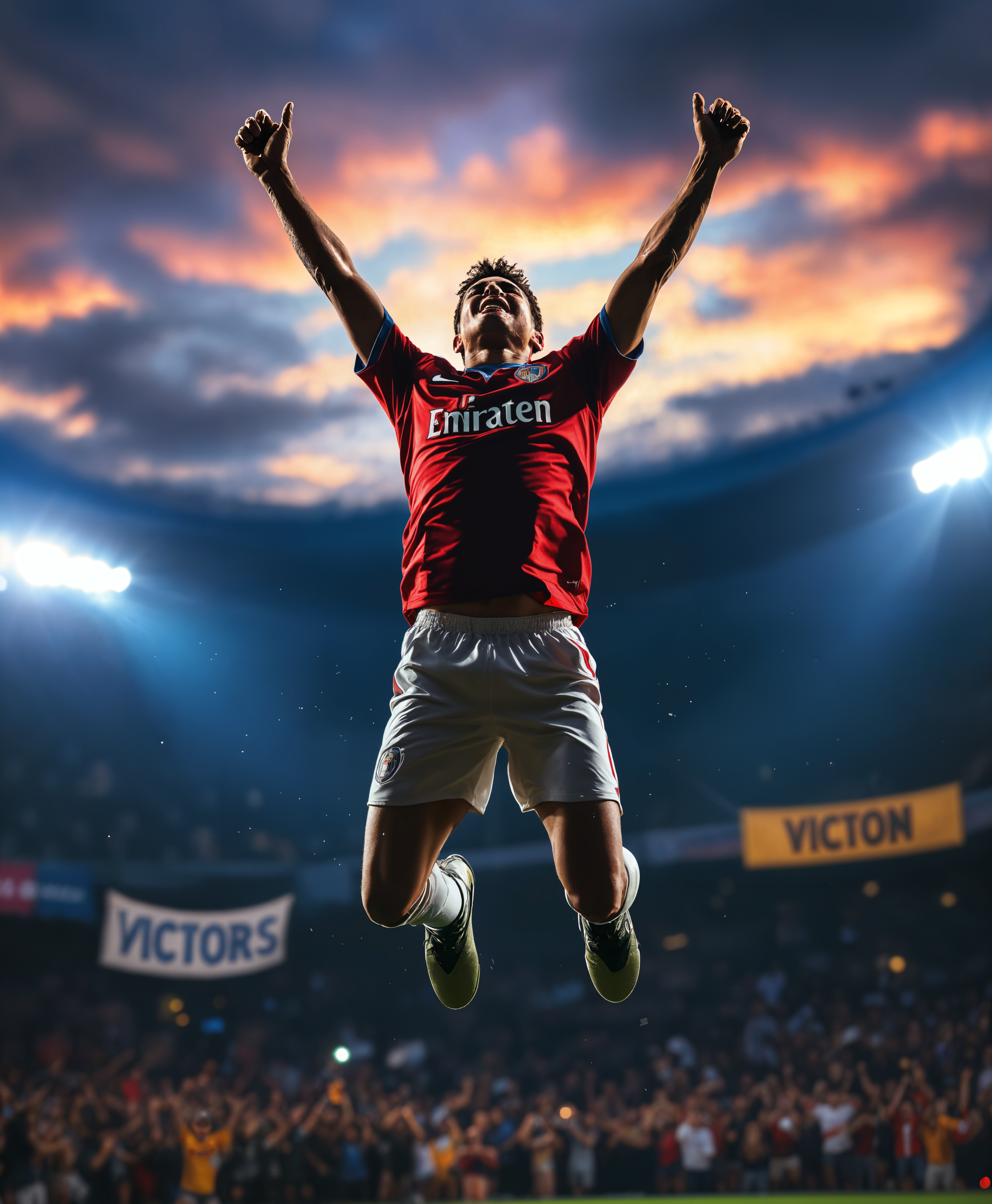masterpiece, best quality, highres, sharp image, more detail, masterpiece, best quality, highres, sharp image, more detail, A young soccer player, tears streaming down his cheeks from overwhelming joy, is captured mid-celebration after his first match victory. He is in the center of the frame, arms raised in triumph, his face a mix of relief, happiness, and disbelief. The background shows a bustling stadium with fans in the stands, some holding up victory banners, others recording the moment on their phones. The lighting is dramatic, with spotlights focusing on him, creating a halo effect around his silhouette. The color palette is vibrant, with the player's team colors prominently displayed, clashing with the twilight sky. 

**Visual Elements:**
- Texture: The player's jersey is slightly sweaty, clinging to his skin, showing the effort of the game.
- Color: Bright team colors against the cooler tones of the evening sky, with pops of color from the fans' attire.
- Lighting: High contrast with the player in the spotlight, creating a chiaroscuro effect.

**Style:** 
- Sports photography capturing the emotional peak, reminiscent of documentary-style images from major sports events.

**Composition:**
- Central framing with the player as the focal point, the crowd forming a dynamic, blurred backdrop, creating depth through selective focus.

**Mood and Atmosphere:** 
- The atmosphere is electric with victory, the scene is charged with the energy of a hard-fought win. The time is dusk, with the stadium lights just coming on, enhancing the drama.

**Technical Aspects:**
- Aperture: f/2.8 to isolate the player from the background.
- Shutter Speed: 1/250 sec to freeze the motion of the celebration while capturing the blur of the surrounding crowd.
- Lens: 85mm portrait lens for a close-up, emotional shot.