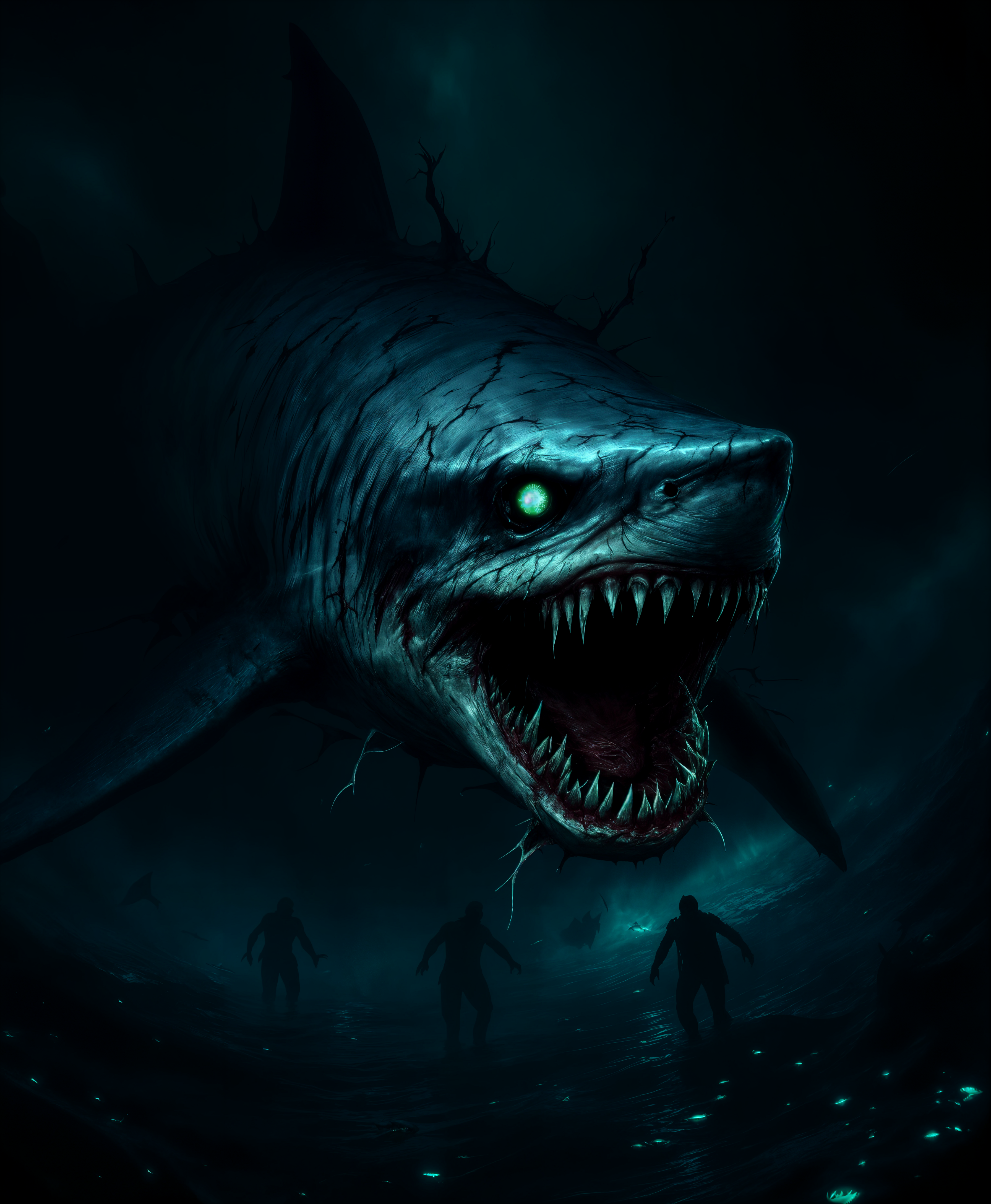 masterpiece, best quality, highres, sharp image, more detail, masterpiece, best quality, highres, sharp image, more detail, In a hauntingly dark ocean setting, visualize an undead shark, its skin mottled with decay, eyes glowing with an eerie phosphorescence. **Subject**: A menacing undead shark with tattered flesh, revealing bone beneath. **Lighting**: Dim, with a backlight creating a silhouette effect, emphasizing the shark's ghastly form. **Colors**: Predominantly shades of gray, with splashes of dark red and green for a sickly, unearthly appearance. **Style**: Gothic horror with a touch of surrealism, capturing the macabre essence of a creature that should not exist. **Composition**: The shark is the focal point, positioned centrally, its jaws open wide, with human figures in the background, either fleeing or being consumed, adding depth and scale. **Mood and Atmosphere**: An oppressive, foreboding atmosphere; the water appears thick and murky, with a faint, unnatural glow from bioluminescent algae. **Technical Aspects**: Use chiaroscuro for dramatic lighting contrast, and apply a shallow depth of field to blur the background, focusing on the horror of the shark. The image should evoke a sense of inescapable doom, with the undead shark as the apex predator in this nightmarish underwater world.