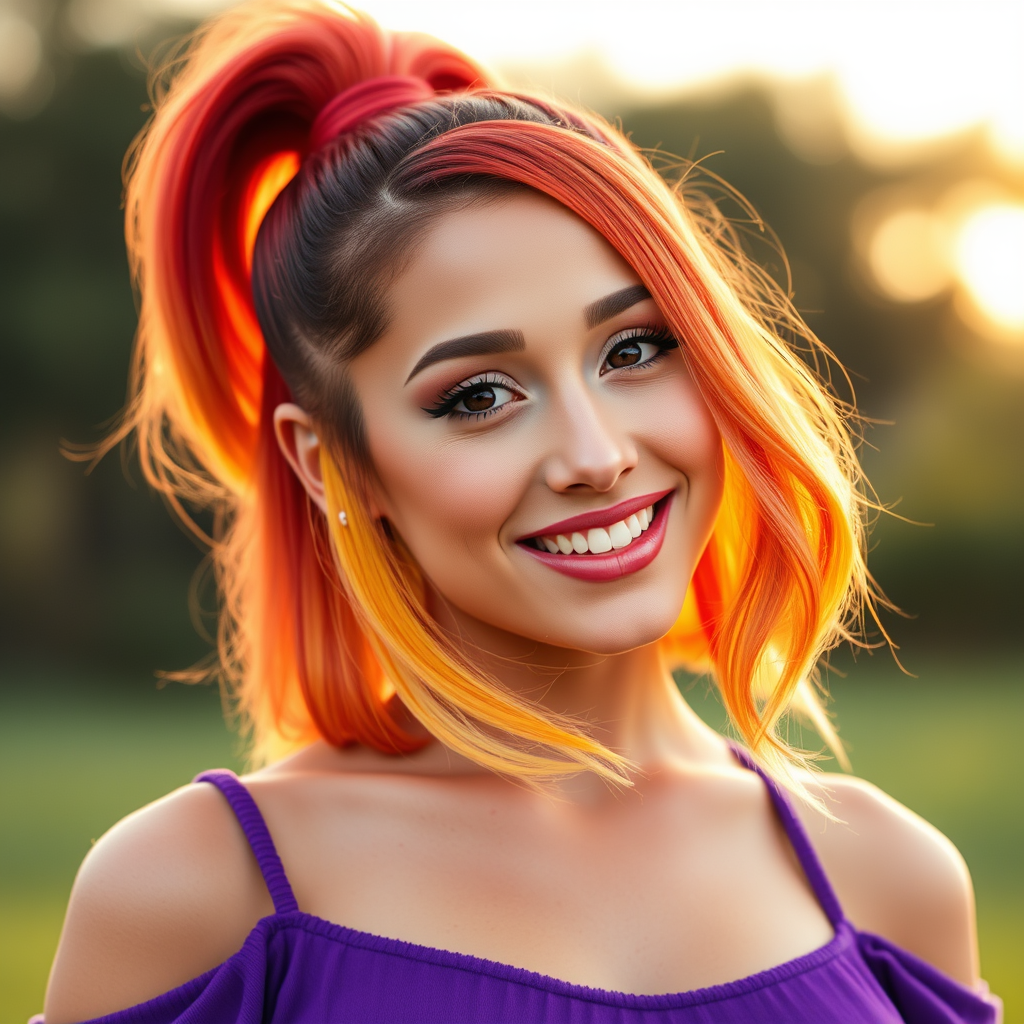 **Subject:** AriFlux, with a vibrant, multicolored hairstyle transitioning from deep red at the roots through orange, yellow, to green tips, styled in a short, textured cut that adds volume and movement, large top ponytail

**Attire:** A purple top with thin straps, bare shoulders visible, enhancing the subject's playful and confident demeanor.

**Mood and Atmosphere:** 
- Time of Day: Golden hour, outdoors.
- Lighting: Soft, warm, creating a serene and dreamy ambiance.
- Facial Expression: Broad, engaging smile, natural freckles enhancing warmth and approachability.
- Overall Feeling: Playful, confident, serene, with a touch of individuality.

**Visual Details:** 
- **Hair:** The hair color transitions seamlessly, giving a dynamic, almost liquid appearance. The texture adds depth and volume, highlighting the creativity and uniqueness of AriFlux.
- **Background:** Softly blurred, suggesting an outdoor setting, with the golden hour lighting bathing the scene in a warm glow.

**Composition:** 
- **Framing:** Close-up portrait, focusing on AriFlux's face and shoulders, with the hair as the central visual element.
- **Camera Angle:** Slightly low angle to emphasize the subject's stature and confidence.

**Style:** 
- **Photography Technique:** Use of a shallow depth of field to blur the background, focusing on the subject. High dynamic range (HDR) to capture the range of hair colors and skin tones with vivid clarity.
- **Artistic Influence:** Reflects the vibrancy of pop art, yet with the soft, naturalistic elements of contemporary portrait photography.

**Technical Aspects:** 
- **Lens:** A portrait lens with a wide aperture (like 85mm f/1.8) to isolate the subject from the background, ensuring the hair colors stand out.
- **Lighting:** Natural light supplemented by a reflector to soften shadows on the face, enhancing the freckles and skin texture.
- **Post-Processing:** Selective color enhancement on the hair to make it pop, with subtle vignetting to focus on the subject.