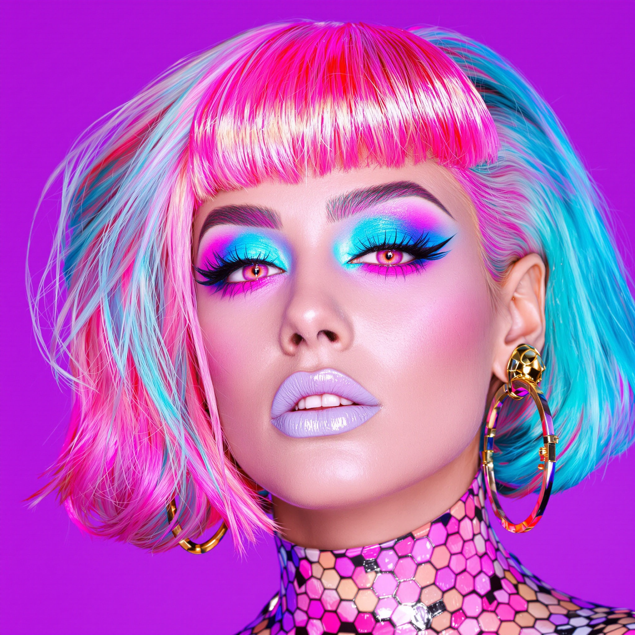 This image is a closeup portrait of a person with a highly stylized and futuristic appearance. The subject has a bold, edgy look that is reminiscent of cyberpunk aesthetics, which is a genre that often features technology, urban decay, and a dystopian future.The medium appears to be digital art, given the smooth gradients and the high level of detail. The colors are vivid and saturated, with a strong emphasis on purples and blues, which are often associated with the cyberpunk genre. The background is a uniform purple, which contrasts sharply with the subjects hair and the blue hues in their makeup.The subjects hair is a gradient of pink and teal, styled in a way that suggests movement and flow. The hair is detailed with highlights and lowlights, giving it a realistic texture and dimension.The makeup is dramatic and futuristic, with bright blue eyeshadow that matches the subjects irises, which are a striking shade of pink. The eyeshadow is applied in a way that creates a metallic effect, with a gradient of colors that gives depth to the eyes. The eyeliner is thick and black, with a slight wing at the outer corners, and the eyebrows are wellgroomed and thick.The subject has a nose ring and multiple earrings, which add to the overall futuristic and rebellious vibe of the look. The teeth are visible, and they are adorned with a gold grill, which is a common accessory in hiphop culture and can also be seen in cyberpunk aesthetics.The subjects neck is partially visible, and there is a distinctive pattern of hexagonal shapes in a black and white color scheme. This pattern is reminiscent of a honeycomb or a beehive, which could symbolize a sense of order or complexity.Overall, the image exudes a sense of boldness, creativity, and a futuristic vision of the world. The subjects look is a blend of highfashion, pop culture, and cyberpunk aesthetics, creating a visually striking and memorable image.