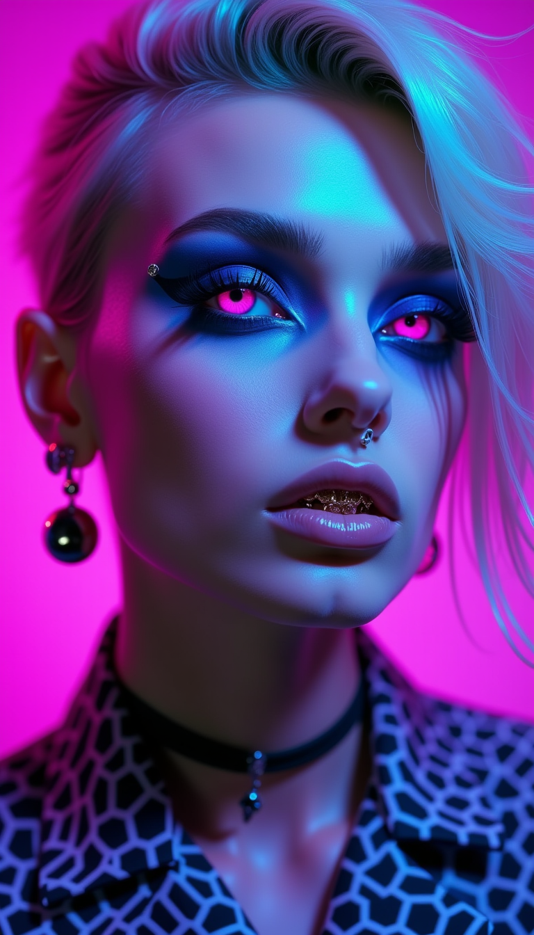 eerie, This image is a closeup portrait of a person with a highly stylized and futuristic appearance. The subject has a bold, edgy look that is reminiscent of cyberpunk aesthetics, which is a genre that often features technology, urban decay, and a dystopian future.The medium appears to be digital art, given the smooth gradients and the high level of detail. The colors are vivid and saturated, with a strong emphasis on purples and blues, which are often associated with the cyberpunk genre. The background is a uniform purple, which contrasts sharply with the subjects hair and the blue hues in their makeup.The subjects hair is a gradient of pink and teal, styled in a way that suggests movement and flow. The hair is detailed with highlights and lowlights, giving it a realistic texture and dimension.The makeup is dramatic and futuristic, with bright blue eyeshadow that matches the subjects irises, which are a striking shade of pink. The eyeshadow is applied in a way that creates a metallic effect, with a gradient of colors that gives depth to the eyes. The eyeliner is thick and black, with a slight wing at the outer corners, and the eyebrows are wellgroomed and thick.The subject has a nose ring and multiple earrings, which add to the overall futuristic and rebellious vibe of the look. The teeth are visible, and they are adorned with a gold grill, which is a common accessory in hiphop culture and can also be seen in cyberpunk aesthetics.The subjects neck is partially visible, and there is a distinctive pattern of hexagonal shapes in a black and white color scheme. This pattern is reminiscent of a honeycomb or a beehive, which could symbolize a sense of order or complexity.Overall, the image exudes a sense of boldness, creativity, and a futuristic vision of the world. The subjects look is a blend of highfashion, pop culture, and cyberpunk aesthetics, creating a visually striking and memorable image.
