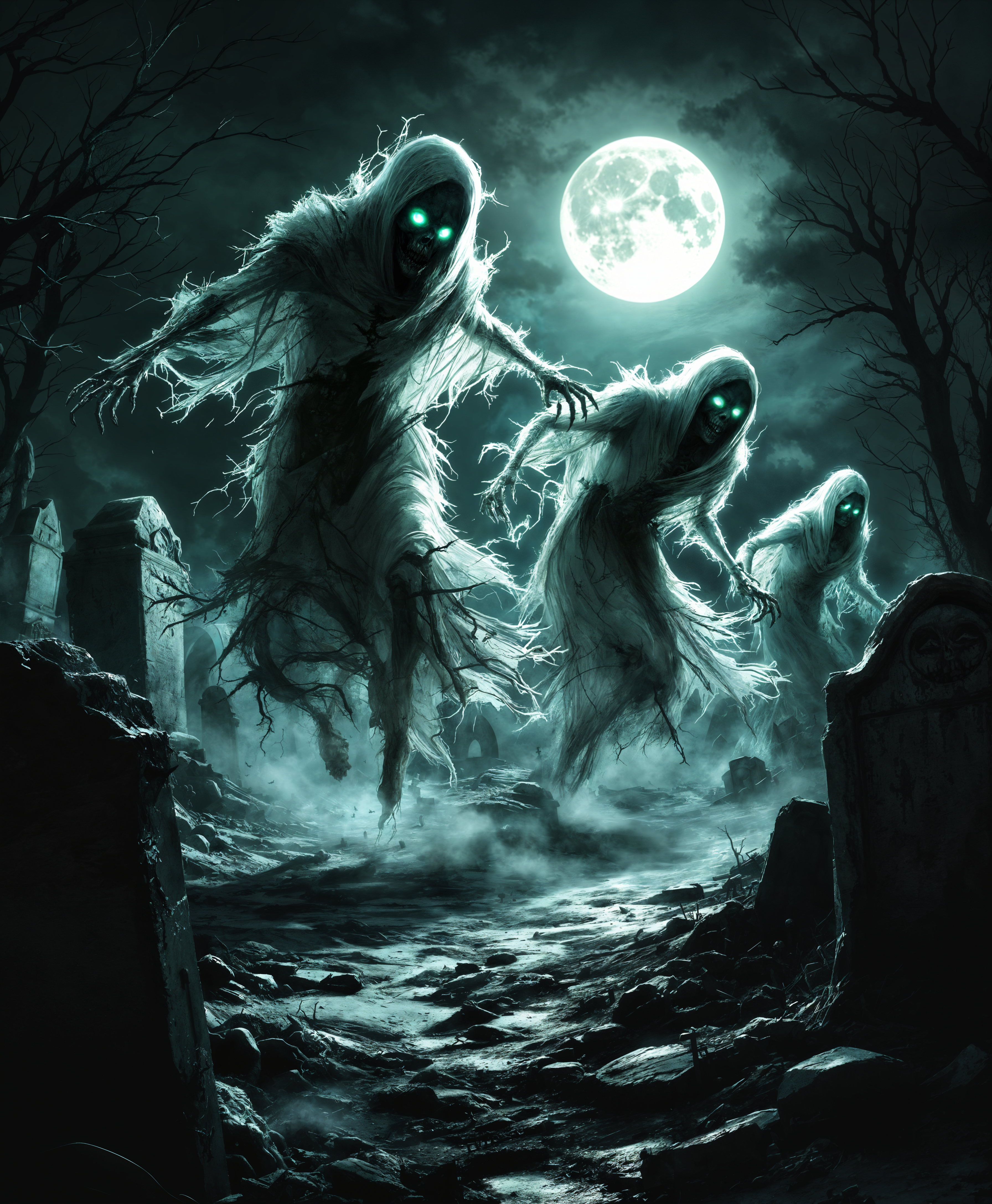 masterpiece, best quality, highres, sharp image, more detail, masterpiece, best quality, highres, sharp image, more detail, **Prompt:**

An eerie night scene depicting a graveyard under a full moon, where ghouls with tattered, ethereal forms are emerging from the ground in a sudden, aggressive flight. 

- **Visual Details:** The ghouls have translucent, ghostly bodies with visible skeletal structures, their eyes glowing an unnatural green. Their clothing is in various states of decay, with ragged edges that flutter eerily in the wind. The ground is littered with tombstones, some broken, with patches of fog rolling between them. The moon casts long, distorted shadows, enhancing the otherworldly atmosphere. 

- **Colors:** Predominantly dark shades with splashes of eerie green and silver moonlight. 

- **Lighting:** Harsh moonlight highlights the textures of the tombstones and the ghouls' spectral forms, creating stark contrasts and deep shadows.

- **Artistic Style:** Inspired by gothic horror illustrations, blending surrealism with a touch of chiaroscuro to emphasize light and dark contrasts. 

- **Composition:** The camera angle is low, looking up at the ghouls as they ascend, giving a sense of their overwhelming presence. The graveyard stretches into the background, creating depth with tombstones diminishing in size. 

- **Mood and Atmosphere:** The scene is filled with an intense sense of dread, the night air heavy with the supernatural. The atmosphere is thick with mist, and the only sounds are the ghouls' eerie whispers and the rustling of their decayed clothing.

- **Technical Aspects:** Use a wide-angle lens to capture the expansive graveyard and the dynamic movement of the ghouls. Implement a shallow depth of field to blur the background tombstones slightly, focusing on the ghouls. 

- **Cohesion:** The scene is unified by the pervasive sense of supernatural terror, with every element from the ghouls to the graveyard's layout contributing to the narrative of an ancient evil being unleashed under the cover of night.