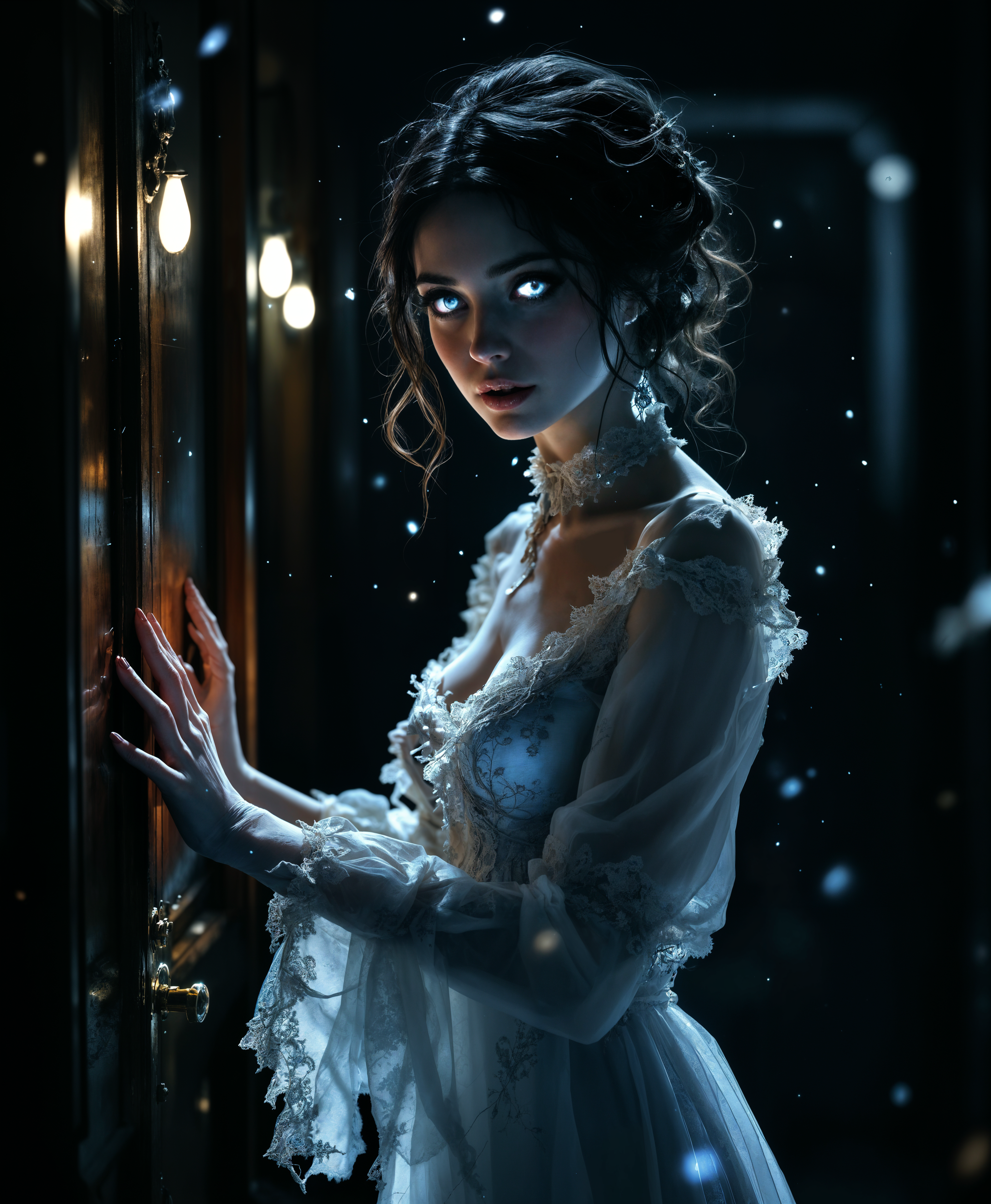 masterpiece, best quality, highres, sharp image, more detail, masterpiece, best quality, highres, sharp image, more detail, A ghostly apparition, translucent and ethereal, dressed in tattered Victorian-era clothing, is depicted in the act of knocking on a modern wooden door. The ghost has a serene yet mischievous expression, with glowing, pale blue eyes that contrast against the dark, shadowy hallway. The scene captures the moment of contact, with a soft, otherworldly light emanating from the ghost's form, illuminating the dust particles in the air. The style is reminiscent of Tim Burton's gothic aesthetic, with exaggerated features and a touch of whimsy. The camera angle is low, as if from the perspective of someone inside the house looking out through a peephole, creating an intimate, voyeuristic composition. The mood is eerie yet inviting, set at twilight with the ambient light of dusk filtering through a nearby window, casting long shadows. Technical aspects include a shallow depth of field, focusing sharply on the ghost and the door, while the background blurs into soft, abstract shapes, enhancing the surreal atmosphere.