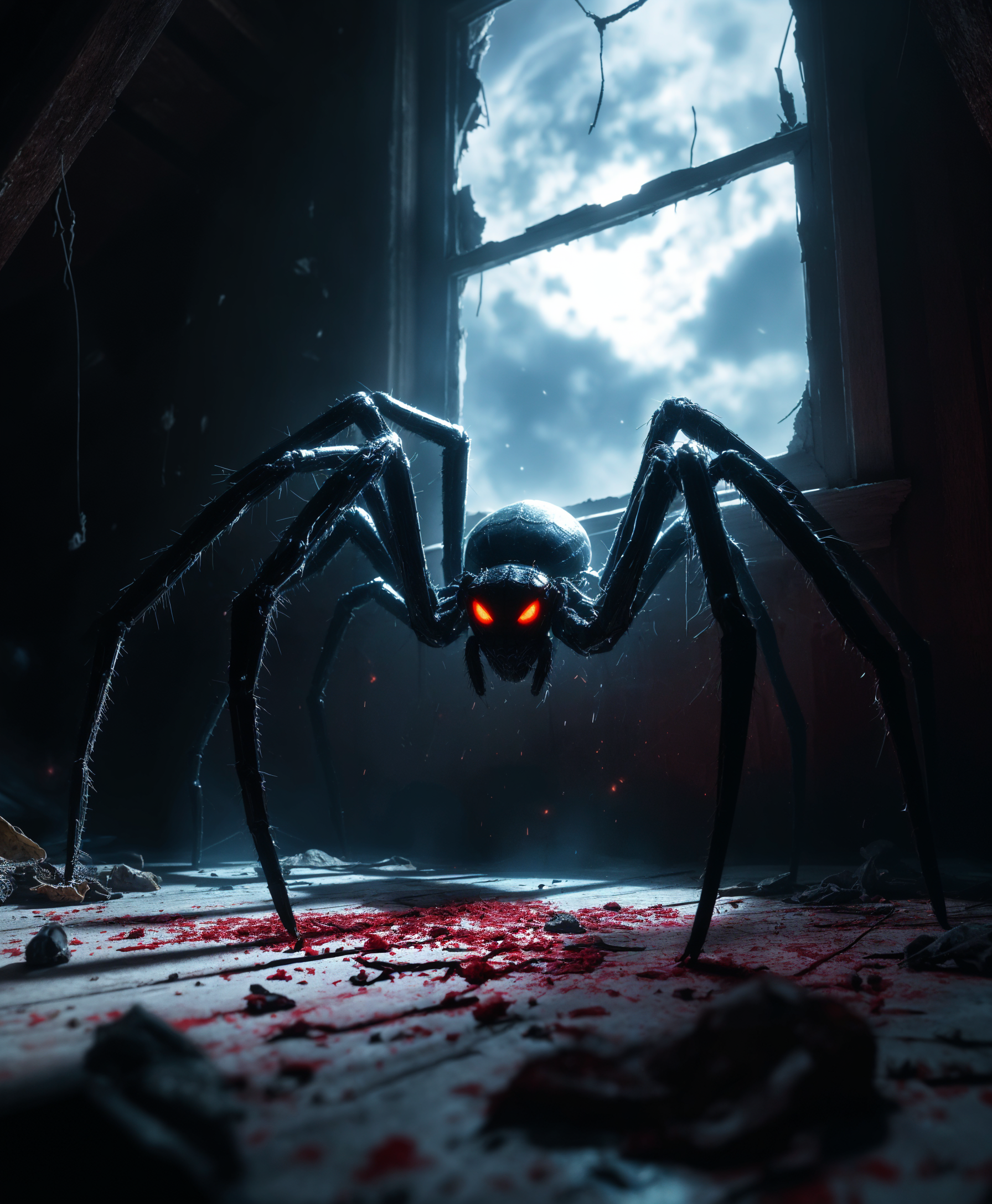 masterpiece, best quality, highres, sharp image, more detail, masterpiece, best quality, highres, sharp image, more detail, **Prompt for AI Image Generation:**

A photorealistic, high-resolution image of a **large, menacing spider** with **glossy black exoskeleton** and **red, glowing eyes** peering down from the dark, cobwebbed recesses of an **abandoned attic**. The spider's **legs are spread wide**, casting eerie shadows on the **cracked, dusty floorboards**. The scene is illuminated by a **single shaft of moonlight** piercing through a **broken window**, highlighting the **dust motes in the air** and creating a **sinister, chiaroscuro effect**. The **atmosphere is thick with tension**, the air almost palpably heavy with dread. The **camera angle is low**, looking up at the spider, emphasizing its **imposing size** and the **horror of its gaze**. The **composition frames the spider against the backdrop of an **ominous, stormy night sky** visible through the attic window, enhancing the **uncanny and terrifying mood**. The **style is reminiscent of horror movie posters** from the 1970s, with **high contrast and deep shadows** to evoke fear and suspense.