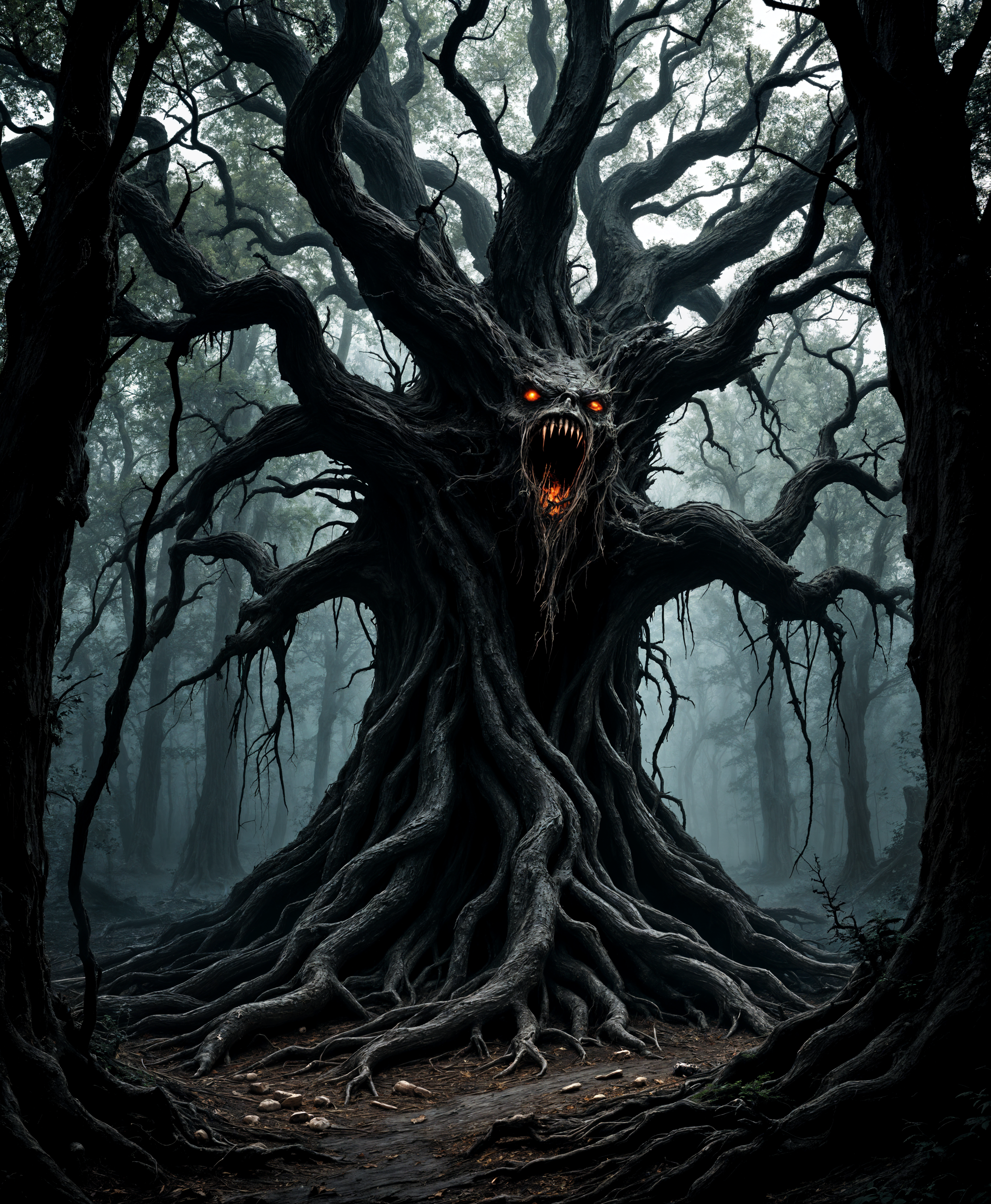 masterpiece, best quality, highres, sharp image, more detail, masterpiece, best quality, highres, sharp image, more detail, In the depths of a **dark, foreboding forest**, an **ominous, ancient tree** with twisted, gnarled limbs stands as a sentinel of terror. This **evil, sentient being** exudes an aura of malevolence, its **dark, rough bark** almost pulsating with a sinister life of its own. 

- **Visual Details**: The tree's roots are **exposed, writhing like serpents**, attempting to ensnare its victims. Its leaves, if any, are sparse, dark, and sharp, creating a canopy of dread. The tree's trunk is **massive**, with knots and crevices that resemble faces twisted in agony or malice. The ground around it is **littered with remnants of its past victims**, bones and tattered clothing entwined within the roots.

- **Style**: Capture this scene in a **cinematic, high-contrast style**, reminiscent of horror films or dark fantasy illustrations. Employ **chiaroscuro lighting** to emphasize the tree's menacing silhouette against the oppressive darkness of the forest.

- **Composition**: The tree is the **central focus** of the image, dominating the scene. Camera angle is **low**, looking up at the tree to enhance its intimidating presence. Victims are depicted in various stages of being ensnared, with some struggling against the roots, others already subdued.

- **Mood and Atmosphere**: The atmosphere is **chilling**, with the **moon casting eerie, long shadows** and a faint mist hovering low to the ground, enhancing the sense of dread and isolation. The air feels thick with a **palpable sense of danger**, the silence broken only by the faint, unsettling whispers of the tree.

- **Technical Aspects**: Utilize **shallow depth of field** to blur the background forest, making the tree and its victims stand out starkly. The lighting should be **sparse**, with beams of moonlight piercing through the dense foliage, highlighting key elements like the tree's face or the expressions of its captives.

- **Cohesion**: All elements contribute to a scene where the tree's malevolent intent is palpable, creating a cohesive narrative of a predatory, sentient forest entity in a dark, supernatural setting.