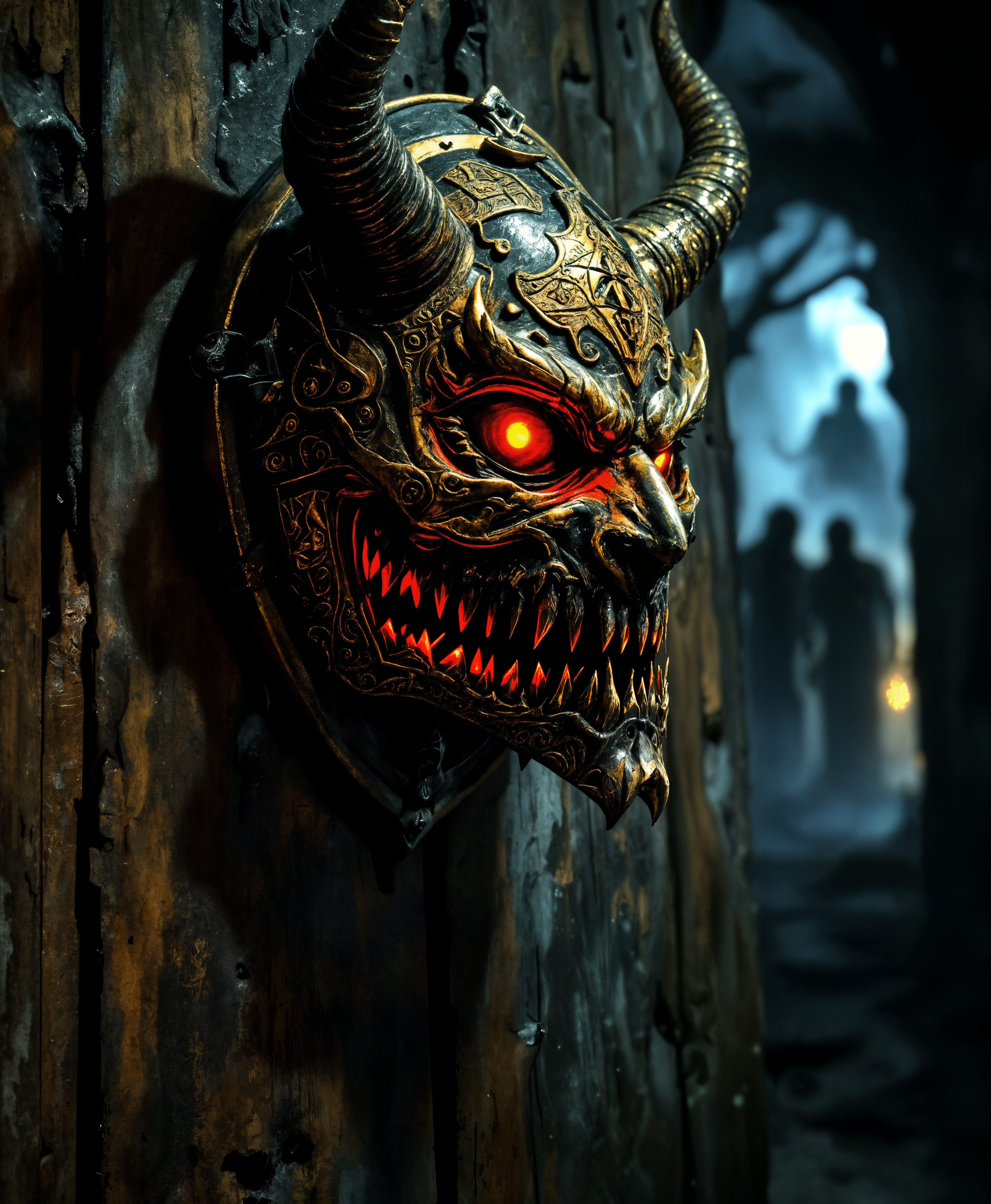 masterpiece, best quality, highres, sharp image, more detail, masterpiece, best quality, highres, sharp image, more detail, A chilling scene where an **antique, weathered mask** with **intricate carvings and symbols** in **oxidized bronze** is the focal point, hanging on a **decaying wooden wall**. The mask has **glowing, sinister red eyes** and an **eerie, malevolent grin**, suggesting a **supernatural force** at work. The lighting is **low-key** with **dramatic chiaroscuro** effects, casting **deep shadows** that enhance the mask's **demonic appearance**. 

**In the background**, ghostly silhouettes of **people in various stages of transformation** into demons are visible, with **blurred, ethereal movements** and **flickering lights** suggesting their **metamorphosis**. The overall **atmosphere** is one of **foreboding and dread**, with **cold, misty air** swirling around, and **subtle hints of decay** in the background. 

The **artistic style** should emulate **Gothic horror**, reminiscent of **Edgar Allan Poe's** dark, atmospheric illustrations, combined with **film noir** photography techniques for **high contrast** and **shadow play**. The **camera angle** is **slightly from below**, giving the mask an **ominous presence**. The **composition** places the mask at the **center**, with **diagonals** leading the eye towards it, emphasizing its **sinister importance** in the scene.