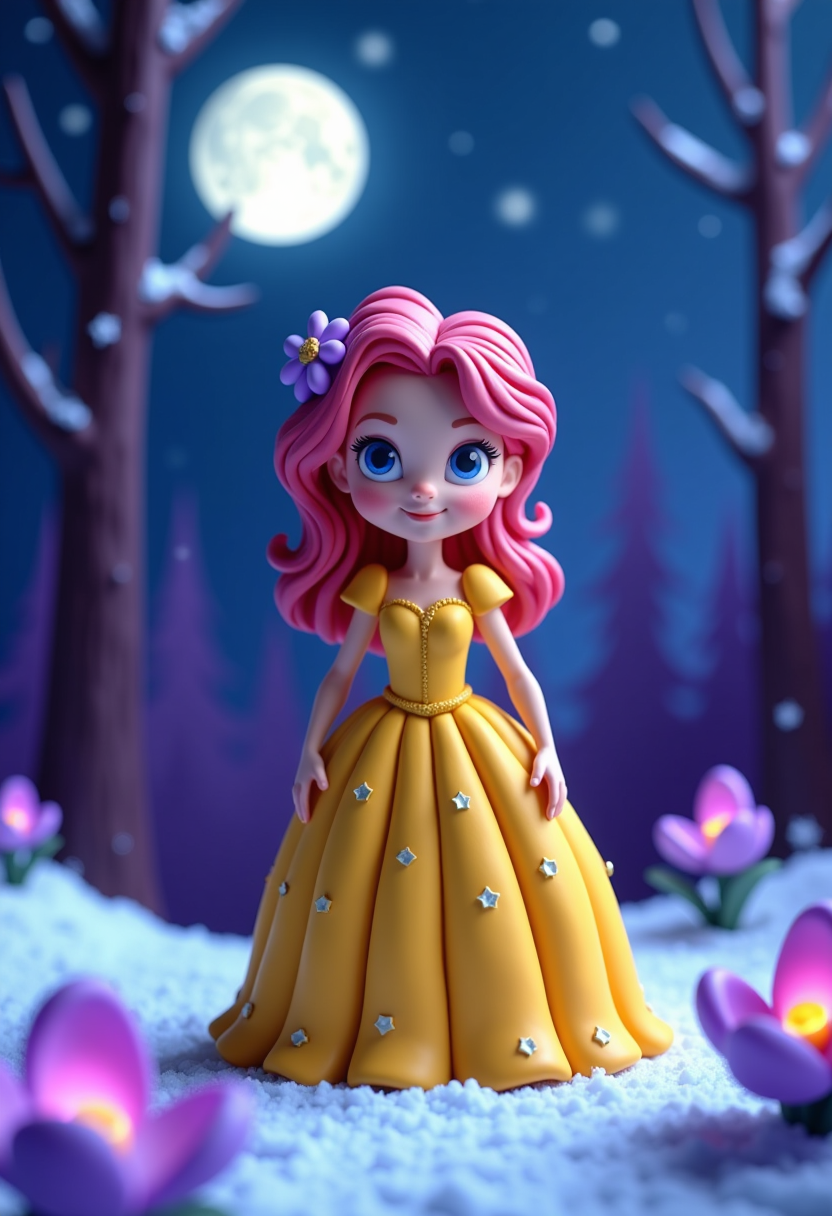 Claymation. The character is dressed in a yellow gown with a fitted bodice and a flared skirt, which is adorned with small, starshaped embellishments. The gown contrasts beautifully with the characters curly, pink hair, which is highlighted with a purple flower accessory. The background is a night scene with a full moon and twinkling stars, set against a dark blue sky that transitions into a deep purple as it meets the silhouette of the trees. The trees are depicted with a gradient of purples and blues, giving them a ghostly appearance. The snowcovered ground adds a touch of wintry wonder to the scene.In the foreground, there are several purple flowers with glowing centers, which stand out against the snowy backdrop. These flowers have a surreal quality, as they seem to be alive and emitting a soft light.The overall effect of the image is enchanting and otherworldly, inviting the viewer into a magical, nighttime forest filled with wonder and mystery.