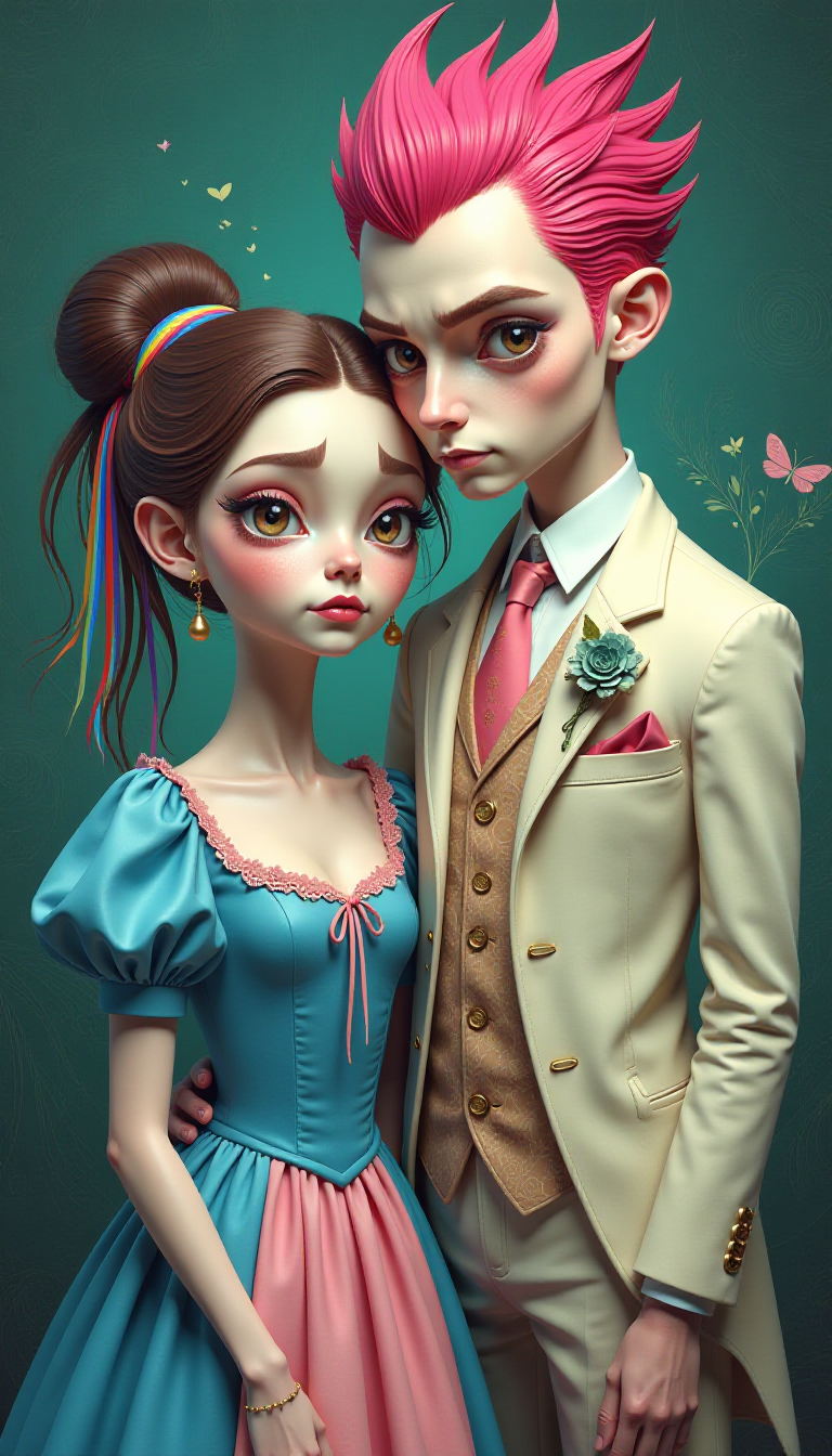 This image is a digital artwork that features a surreal and fantastical style. The characters are stylized with exaggerated features, such as large, expressive eyes and elongated limbs, which are common in surrealism. The art style is reminiscent of pop surrealism, which often incorporates elements of fantasy and whimsy with a touch of the macabre.The medium appears to be digital painting, given the smooth gradients, seamless blending of colors, and the lack of texture that might be present in traditional painting mediums. The colors are rich and vibrant, with a predominance of blues, pinks, and greens, creating a dreamlike and otherworldly atmosphere. The background is swirling with patterns and shapes that echo the colors of the characters, further enhancing the surreal quality of the piece.The characters are dressed in Victorianinspired attire, which adds to the fantastical nature of the image. The female character is adorned in a blue dress with puffy sleeves and a ruffled collar, with a pink bodice and a rainbowcolored ribbon in her hair. Her expression is one of melancholy or contemplation, which contrasts with the whimsical elements of her outfit.The male character is wearing a creamcolored suit with a patterned lapel and a red pocket square. His hair is bright pink and spiked, which is a stark contrast to the more subdued tones of his suit. His expression is one of sternness or disapproval, which also contrasts with the overall fantastical nature of the image.The objects in the image are minimal but contribute to the overall surreal atmosphere. The female characters dress has lace and floral embellishments, while the male characters suit has a pocket square and a lapel pin. The swirling patterns in the background add to the dreamlike quality of the scene, and the overall composition of the characters creates a sense of intimacy and connection between them.