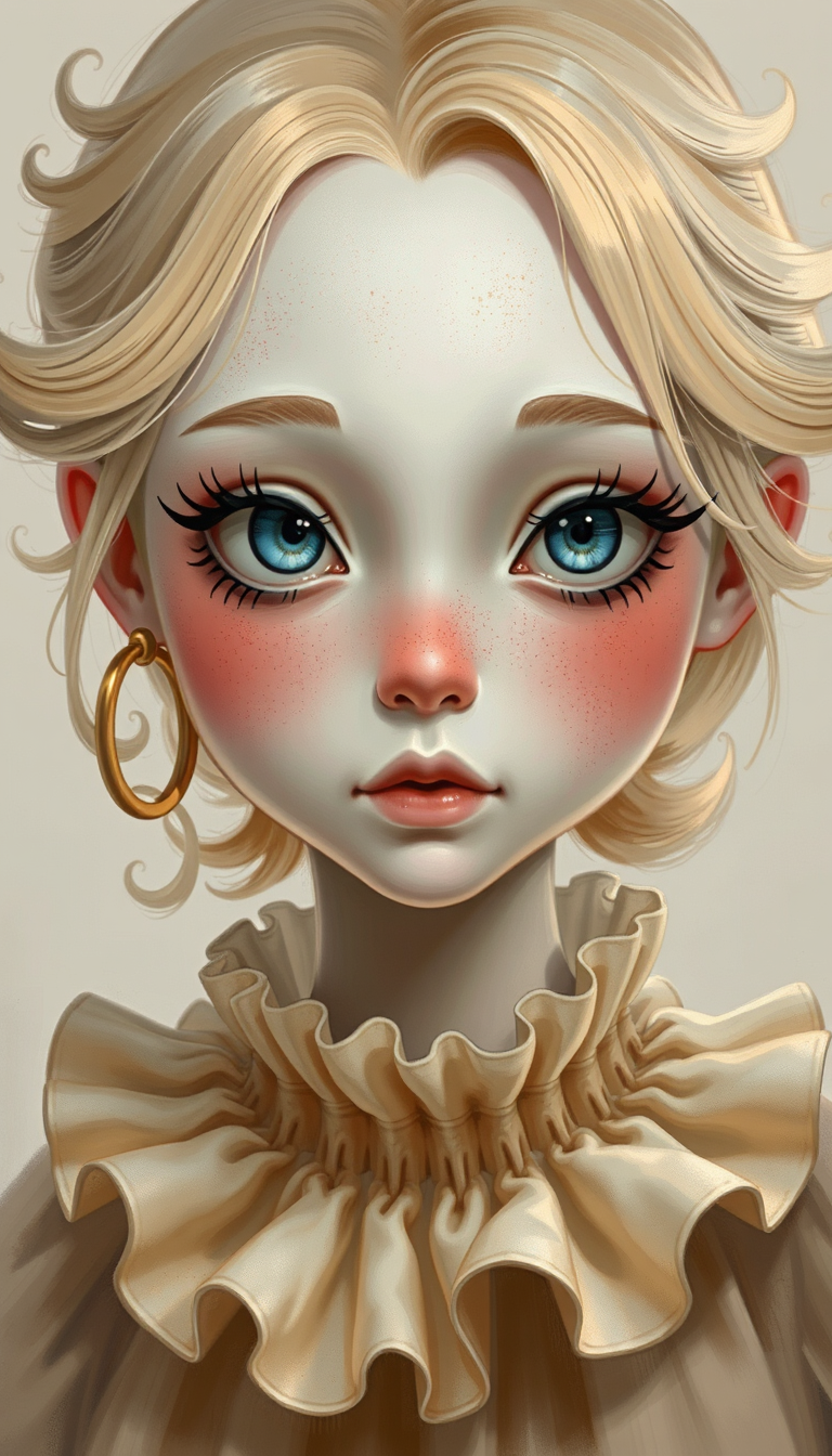 The art style is reminiscent of digital painting with a touch of surrealism, as the subjects features are exaggerated and the overall composition has a dreamlike quality.The medium appears to be a digital painting software, given the smooth blending of colors and the intricate details that are visible in the textures. The lighting and shadows are expertly rendered, creating a threedimensional effect on the subjects skin and hair.The colors in the image are soft and muted, with a predominance of pastels and earth tones. The characters skin is a pale, almost translucent white, speckled with tiny dots that resemble freckles or a light dusting of powder. The hair is a pale blonde with golden highlights, and the ruffled collar is a pale gold with a gradient of lighter shades, giving it a delicate and ethereal appearance.The subjects eyes are the focal point of the image, with a striking blue iris and long, curled lashes. There are small, ornate details around the eyes, such as a small, black gem on the upper eyelid and a gold hoop earring. The eyebrows are welldefined and arched, adding to the characters expressive gaze.The ruffled collar is a standout feature, with its multiple layers and intricate lace detailing. The collars texture is rendered with great realism, and the way the light plays across the folds and edges gives it a sense of movement and delicacy.Overall, the image exudes a sense of fantasy and whimsy, with a touch of elegance and mystery. The use of light and shadow, along with the careful attention to detail, creates a visually compelling and immersive experience.