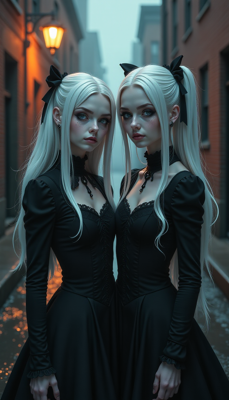 This image is a digital artwork that captures two figures in a gothic setting. The art style is highly stylized with a focus on dramatic lighting and shadow, creating a moody and atmospheric scene. The medium appears to be a digital painting, given the smooth gradients and seamless blending of colors.The color palette is quite limited, primarily consisting of black, white, and shades of gray, which contribute to the gothic and mysterious feel of the image. The figures are dressed in dark, Victorianinspired attire, with intricate lace details and ruffles, which add texture and depth to the scene.The figures themselves are stylized with exaggerated features, such as large, expressive eyes and pale, almost translucent skin. Their hair is also white, with one figure having long, straight locks and the other sporting twin tails with bows. The makeup on the figures is dark, with heavy eyeliner and pale lipstick, enhancing their gothic appearance.In the background, the setting is a narrow alley flanked by buildings with brick facades. The alley is wet, suggesting recent rain, and the reflections on the ground add to the atmospheric quality of the scene. The lighting is dim, with warm orange tones from street lamps casting a soft glow on the left side of the image, while the right side is shrouded in a cool bluegray mist.There are no other objects or characters in the image, focusing the viewers attention solely on the two figures and their surroundings. The overall effect is one of eerie beauty, with a sense of foreboding and otherworldliness that is characteristic of gothic art.