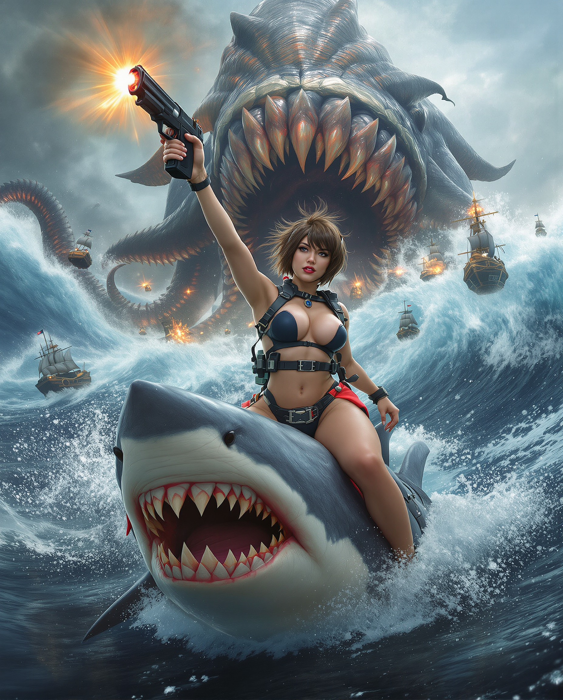 A highly realistic photograph capturing a woman with short brunette hair, clad in an Oceanpunk, Fantasy Aquatic outfit blended with sporty elements, showcasing some cleavage. She triumphantly holds a laser pistol over her head while riding a ferocious shark in the high seas. Her shins are exposed, and she faces the viewer with a determined, ready-for-action expression. The scene explodes with dramatic intensity behind her as a colossal Kraken emerges from tumultuous waves, interspersed with fantasy sea vessels locked in battle. The backdrop is set under a stormy sky, heightening the chaotic energy of the scene. Meticulous details are evident in her lifelike facial features and the intricate textures of her outfit and the aquatic creatures. The lighting accentuates the turbulent water and glistening surfaces, adding to the epic and dynamic ambiance. This image aspires to masterpiece-level detail and composition, ensuring a visually stunning and immersive experience. Art by Michael Whelan 