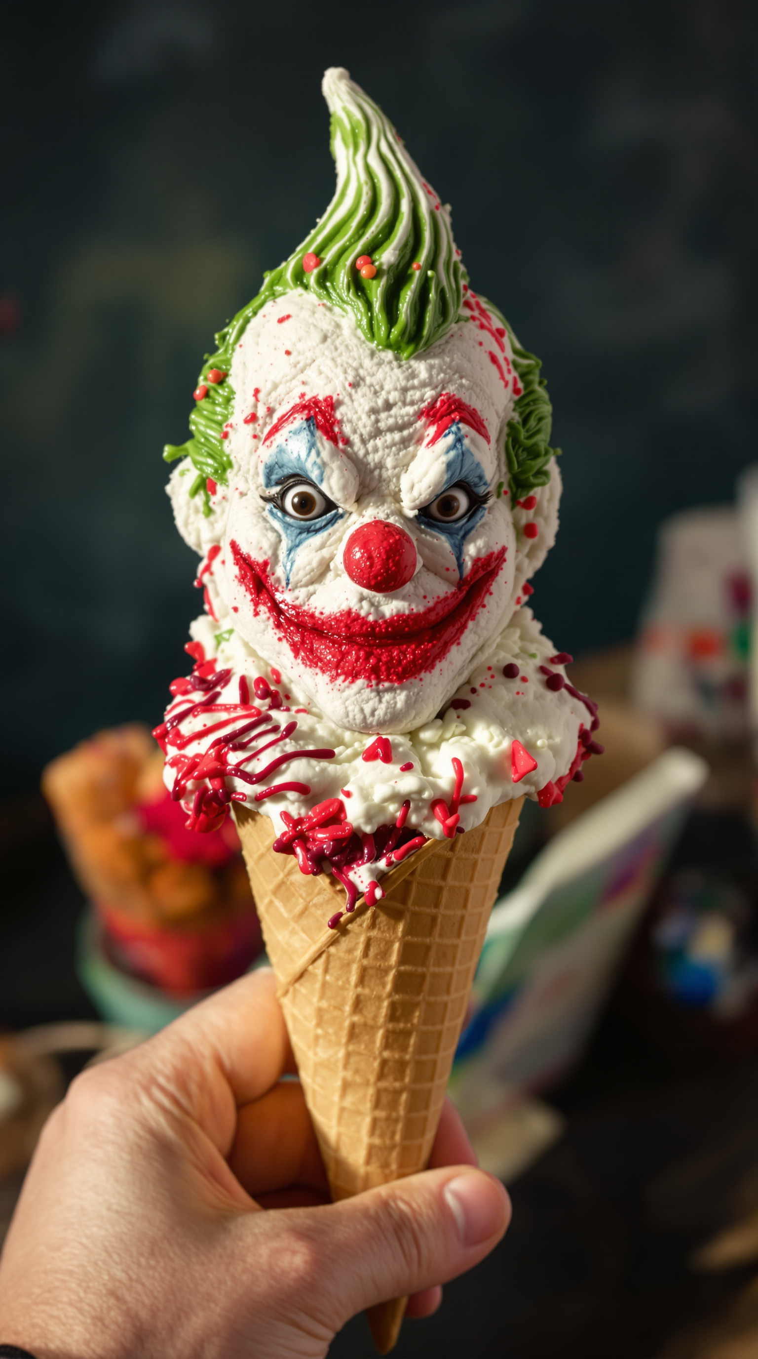 
ice cream shaped like the joker in a cone
