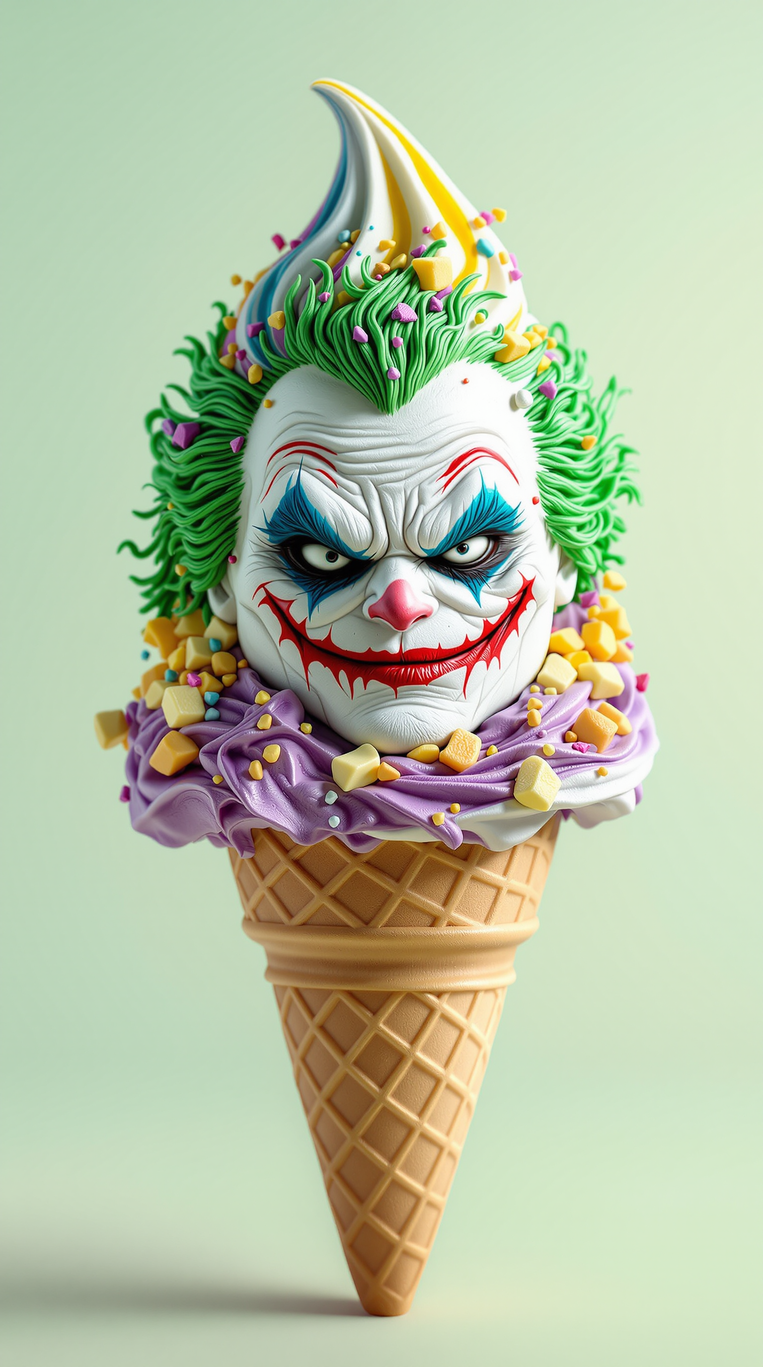 A whimsical ice cream cone with a scoop shaped like **The Joker** from DC Comics. The scoop should have:

- **Color Scheme**: Vibrant, chaotic mix of greens, purples, and yellows reminiscent of The Joker's costume, with a stark white face.
- **Texture**: Smooth, creamy ice cream with intricate details like The Joker's facial features - exaggerated smile, menacing eyes, and wild hair.
- **Lighting**: Soft, diffused lighting to highlight the ice cream's details, with a slight backlight to create a halo effect around the scoop, enhancing the eerie, playful vibe.
- **Style**: Hyper-realistic rendering with elements of surrealism to capture the exaggerated, comic book essence of The Joker.
- **Composition**: The ice cream scoop should sit atop a classic waffle cone, angled slightly to showcase The Joker's face. The background should be a soft pastel color to make the scoop pop.
- **Mood**: A playful yet sinister atmosphere, as if The Joker himself is about to leap from the cone in a burst of mischief.
- **Technical Aspects**: Use macro photography techniques to focus on the ice cream's texture and details, with a shallow depth of field to blur the background, emphasizing the subject.