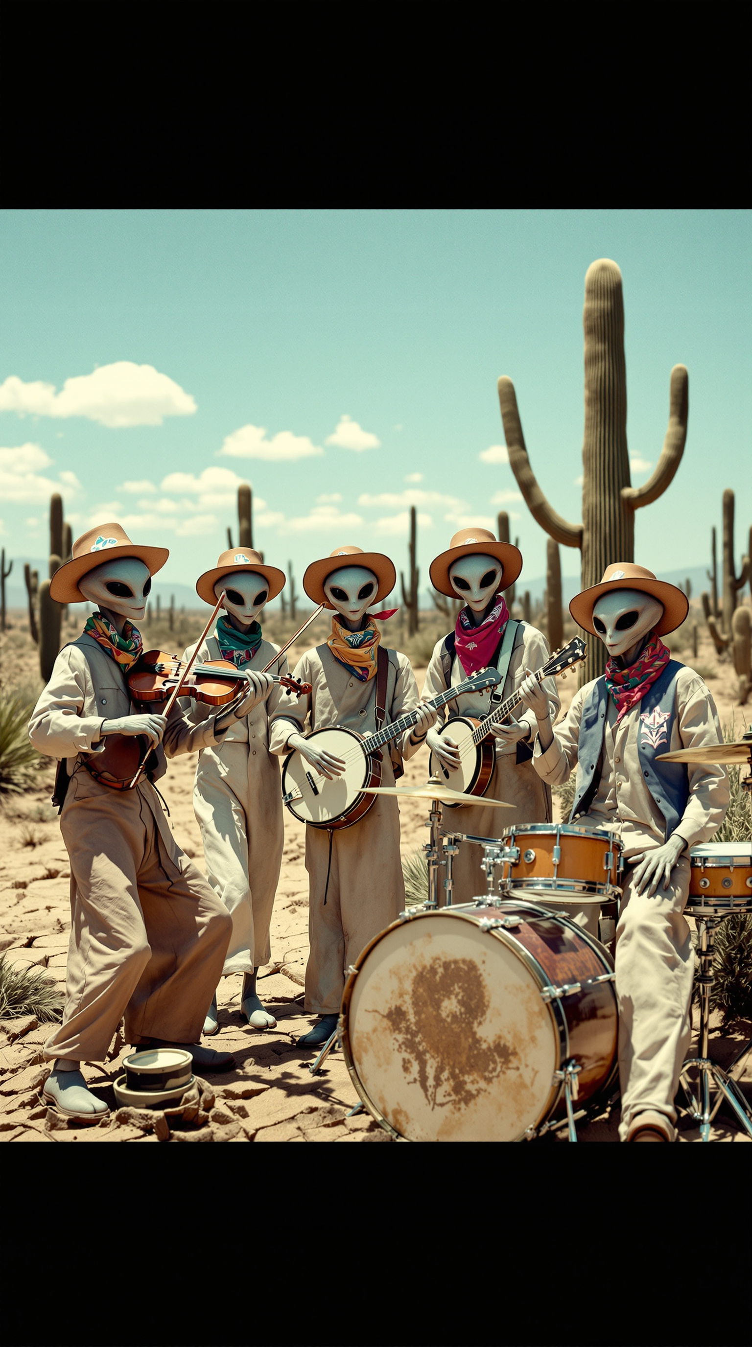A group of classic grey aliens performing music in the Brazilian sertão, set against an arid landscape of cracked dry earth, sparse vegetation, and cacti. The sky is bright and cloudless, capturing the intense heat of the northeastern region. Each alien is dressed in traditional sertão outfits: brown leather hats with regional motifs, colorful bandanas, and worn-out linen clothing. They are playing a mix of instruments including a viola, banjo, tambourine, and a classic drum kit, creating a rustic yet extraterrestrial musical vibe. The scene has a lively and quirky energy, with the aliens posing as if they are in the middle of a music video. The image is intentionally low-quality, mimicking the aesthetic of a 2010-era smartphone photo, complete with slight blurriness, muted colors, and digital noise, adding to its authenticity.