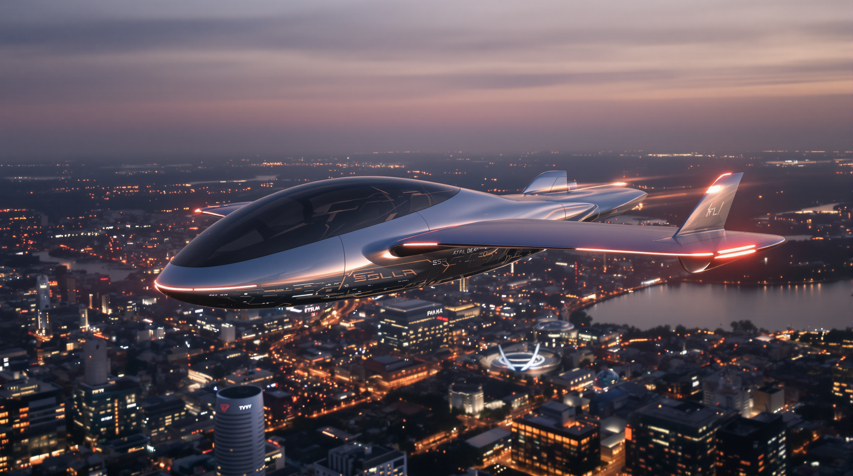 A sleek, futuristic Tesla flying car soaring above a modern cityscape at dusk, with glowing lights reflecting off its metallic surface 