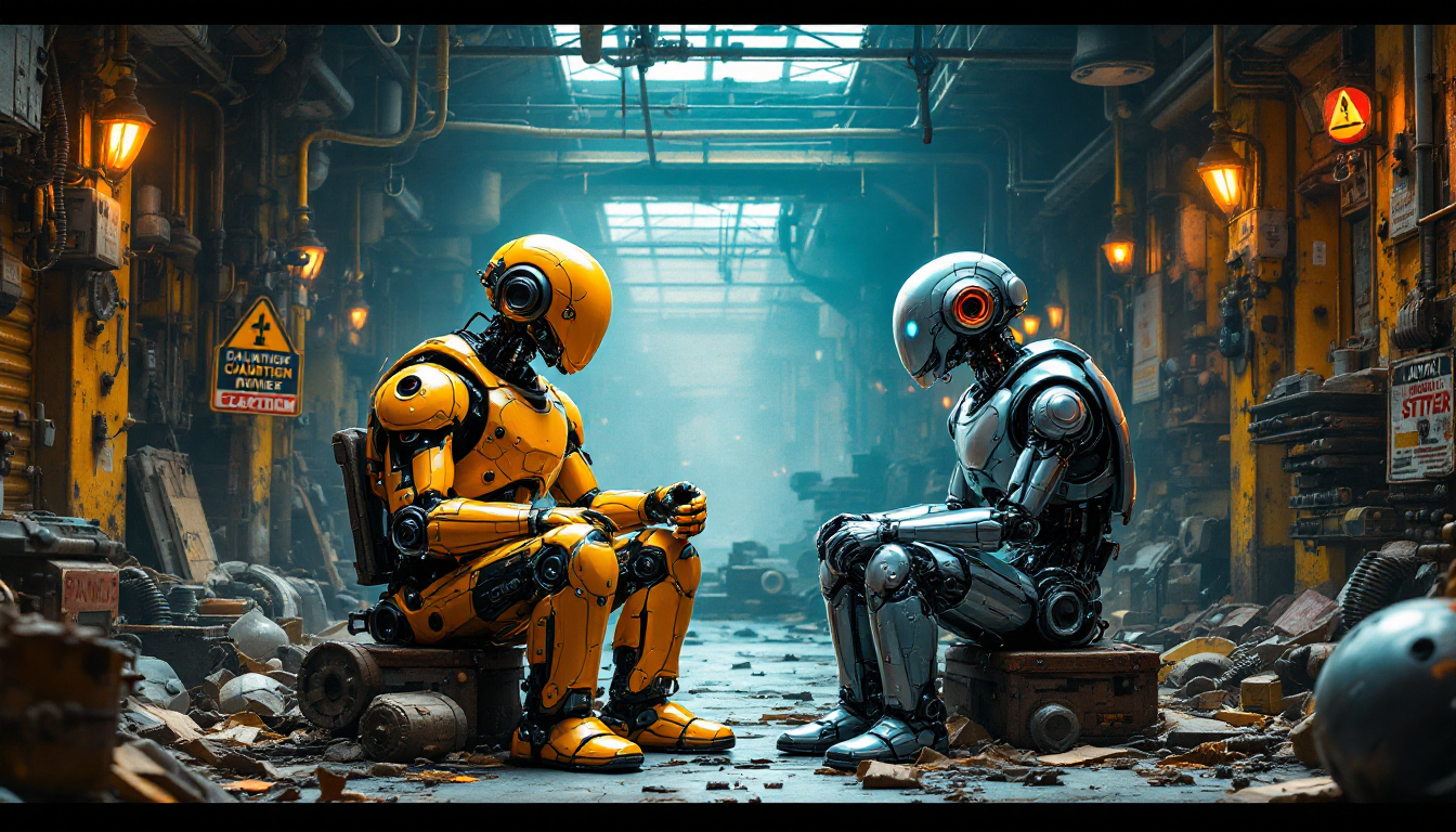 Vibrant, high-contrast matte painting of two retro-futuristic robots, reminiscent of 1960s sci-fi, sitting amidst a cluttered, abandoned warehouse filled with rusted gears, broken machinery, and faded warning signs. The elderly robot, with a warm, golden patina, sports a bulky, cylindrical body, while the younger robot, with a sleek, metallic sheen, has a more streamlined, aerodynamic design. They sit across from each other, engaged in animated conversation, surrounded by a tapestry of rich, complementary colors - burnt oranges, deep teals, and mustard yellows - that evoke a sense of nostalgia and wonder. Inspired by the works of Syd Mead, Daniel Dociu, and Simon Stalenhag, this 8k-resolution image, rendered in Unreal Engine 5, is a celebration of intricate detail, texture, and atmosphere, with a dash of whimsy and humor.