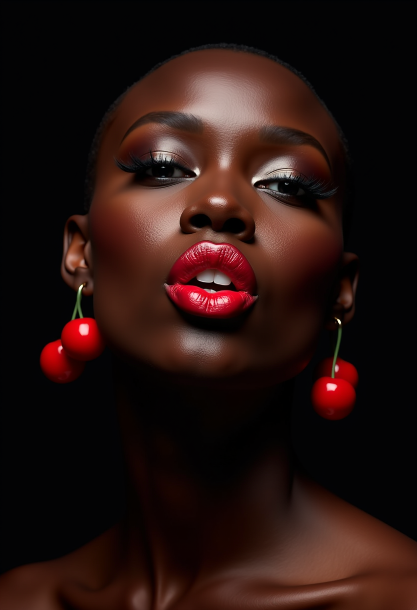 The image is a high-resolution photograph featuring a close-up of a dark-skinned woman with a shaved head, engaging in a playful act of sticking her lips out to mimic a cherry. She has striking makeup, with bold red lipstick and dark eyeshadow that accentuates her eyes. Her skin is smooth and glistens, suggesting she may have a glossy finish. She wears red cherry earrings, which add a whimsical and festive touch to the image.

The background is a solid black, which contrasts sharply with her skin tone and the bright red of her lipstick and earrings, making her the focal point. the color of her lipstick and earrings red.

The photograph's style is bold and artistic, with a focus on dramatic makeup and a playful, almost surreal, pose. The image is visually striking and evokes a sense of celebration and historical significance.