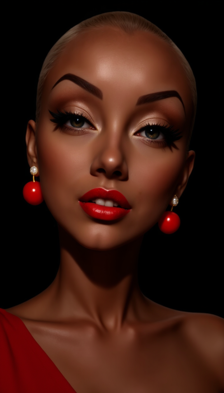 a photo of Marilyn Monroe, The image is a high-resolution photograph featuring a close-up of a dark-skinned woman with a shaved head, engaging in a playful act of sticking her lips. She has striking makeup, with bold red lipstick and dark eyeshadow that accentuates her eyes. Her skin is smooth and glistens, suggesting she may have a glossy finish. She wears red cherry earrings, which add a whimsical and festive touch to the image.

The background is a solid black, which contrasts sharply with her skin tone and the bright red of her lipstick and earrings, making her the focal point. the color of her lipstick and earrings red.

The photograph's style is bold and artistic, with a focus on dramatic makeup and a playful, almost surreal, pose. The image is visually striking and evokes a sense of celebration and historical significance.