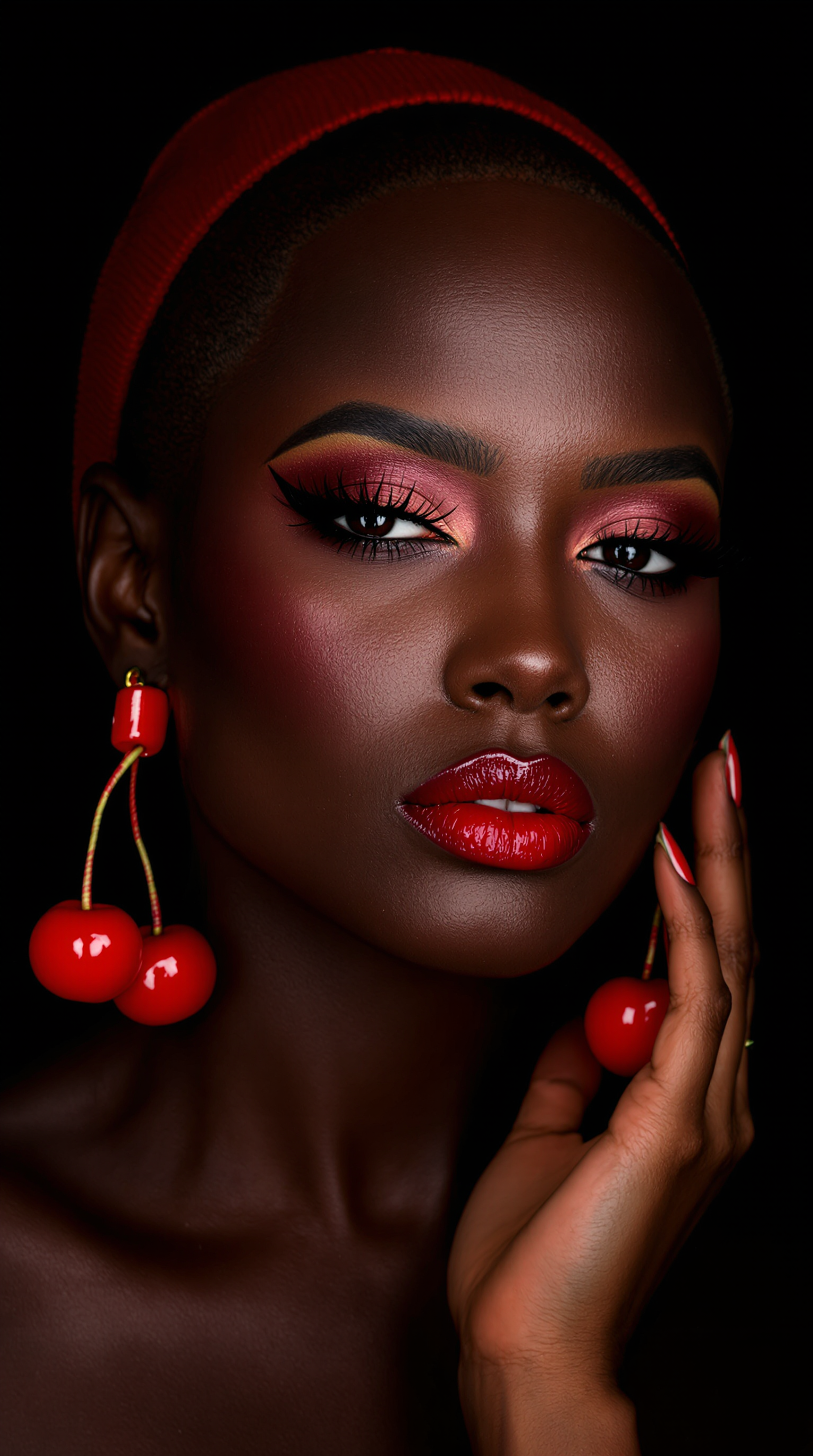 High-resolution photograph of a close-up of a dark-skinned woman with a **shaved head**, showcasing **bold makeup**:

- **Makeup**: Her face is adorned with **striking red lipstick** and **dark, smoky eyeshadow** that accentuates her eyes, creating a **high contrast** with her skin.
- **Skin Texture**: Her skin is **smooth** and has a **glossy finish**, enhancing the visual allure with a **shimmering effect**.
- **Accessories**: She wears **red cherry earrings** that add a **whimsical** and **festive** touch, complementing the color palette.

**Composition**:
- **Framing**: The subject is framed in a **close-up**, focusing on her face and shoulders, ensuring she is the **central focus**.
- **Background**: A **solid black backdrop** contrasts sharply with her skin tone and the **vivid red** of her lipstick and earrings, highlighting her features.

**Lighting and Atmosphere**:
- **Lighting**: Soft, directional lighting that **accentuates** her features without harsh shadows, creating a **soft yet dramatic** effect.
- **Mood**: The image evokes **celebration** and **historical significance**, with an atmosphere that feels **playful** and **surreal**.

**Artistic Style**:
- **Photography Technique**: The photo adopts a **high-key** style with dramatic makeup, reminiscent of **surrealism**, where the subject's expression and pose add to the **surreal** and **artistic** impact.

**Technical Aspects**:
- **Color Balance**: The image maintains a **vibrant color balance** with reds dominating, creating visual **drama** and **focus**.
- **Depth of Field**: A **shallow depth of field** ensures the woman's face remains sharp while the background stays **out of focus**, enhancing the subject's prominence.

The photograph captures a moment of **boldness** and **artistry**, where every element from the makeup to the accessories and the lighting contributes to a unified, **striking** visual narrative.