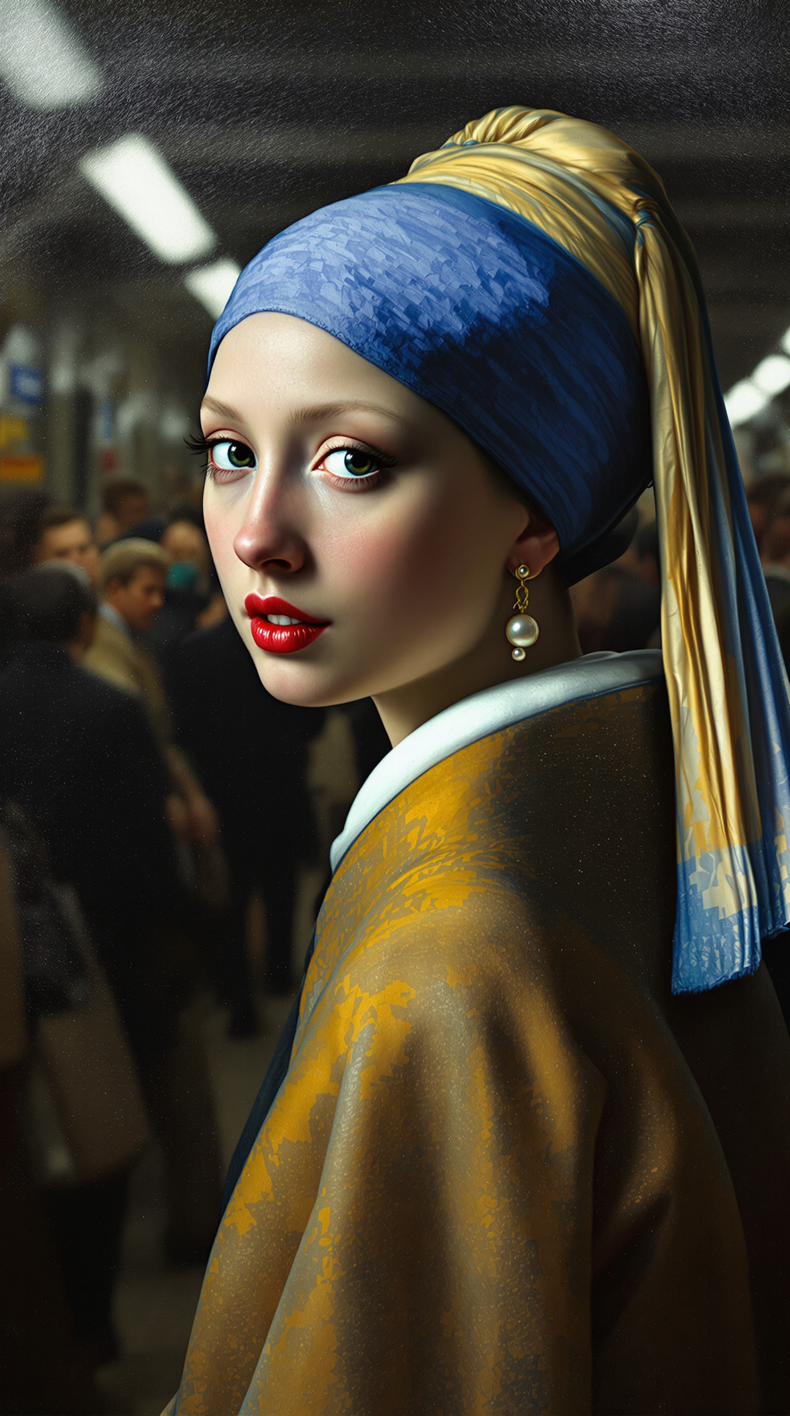 Vermeer's classic painting entitled Girl with Pearl Earring, transparent  lace clothes,crowded subway on background,(masterpiece) (beautiful composition) (Fuji film), dlsr, highres, high resolution, intricately detailed, (hyperrealistic oil painting,4k, highly detailed face, highly detailed skin, volumetric lighting dynamic lighting.