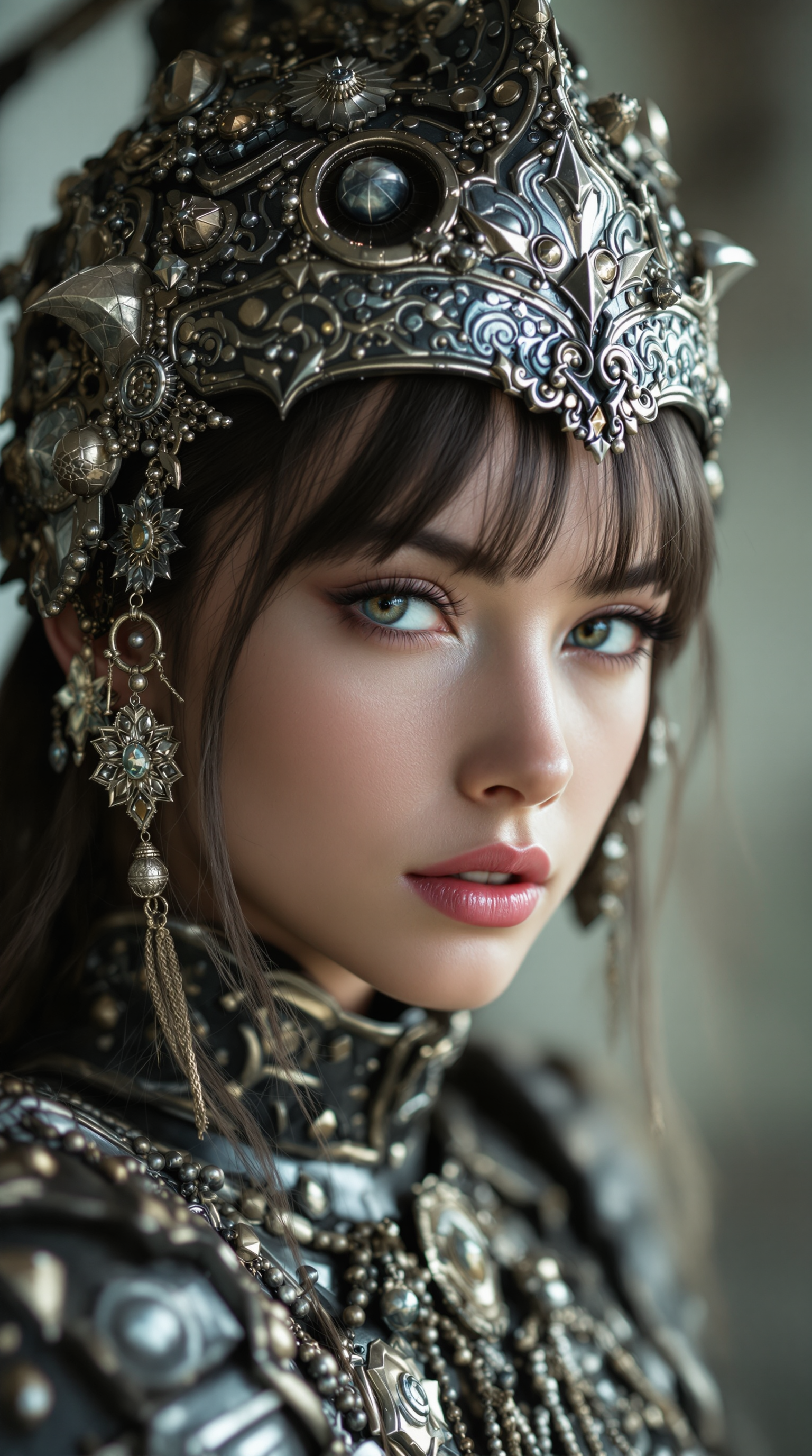 A photograph of an warrior wearing intricate metal armor full of ornaments, taken in a studio with soft and natural lighting, in the style of Guy Aroch. She has bangs on her forehead and is wearing light makeup, with pink lips and eyes. The close-up captures details like eyelashes and eyebrows, creating a cinematic atmosphere. 