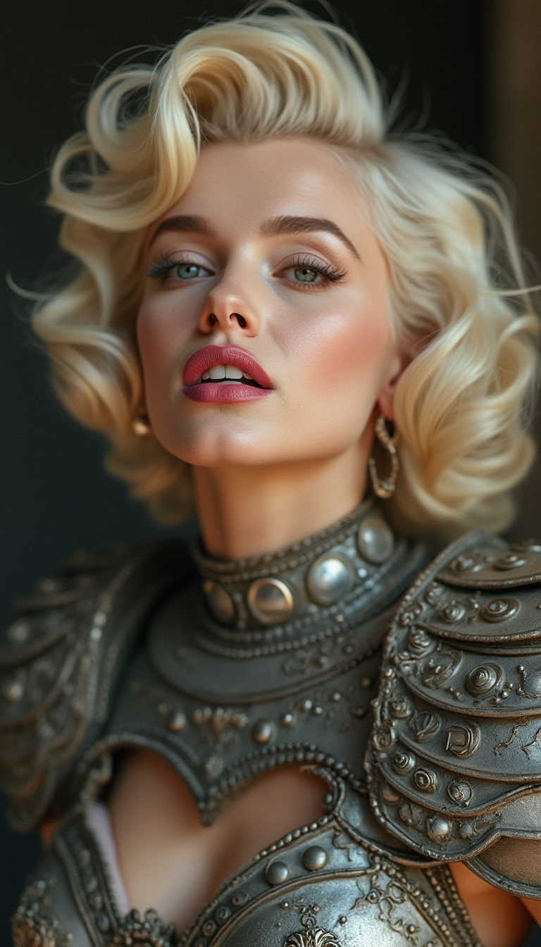 a photo of Marilyn Monroe, as an warrior wearing intricate metal armor full of ornaments, taken in a studio with soft and natural lighting, in the style of Guy Aroch.Half body shot. She  is wearing light makeup, with pink lips and eyes. The close-up captures details like eyelashes and eyebrows, creating a cinematic atmosphere.