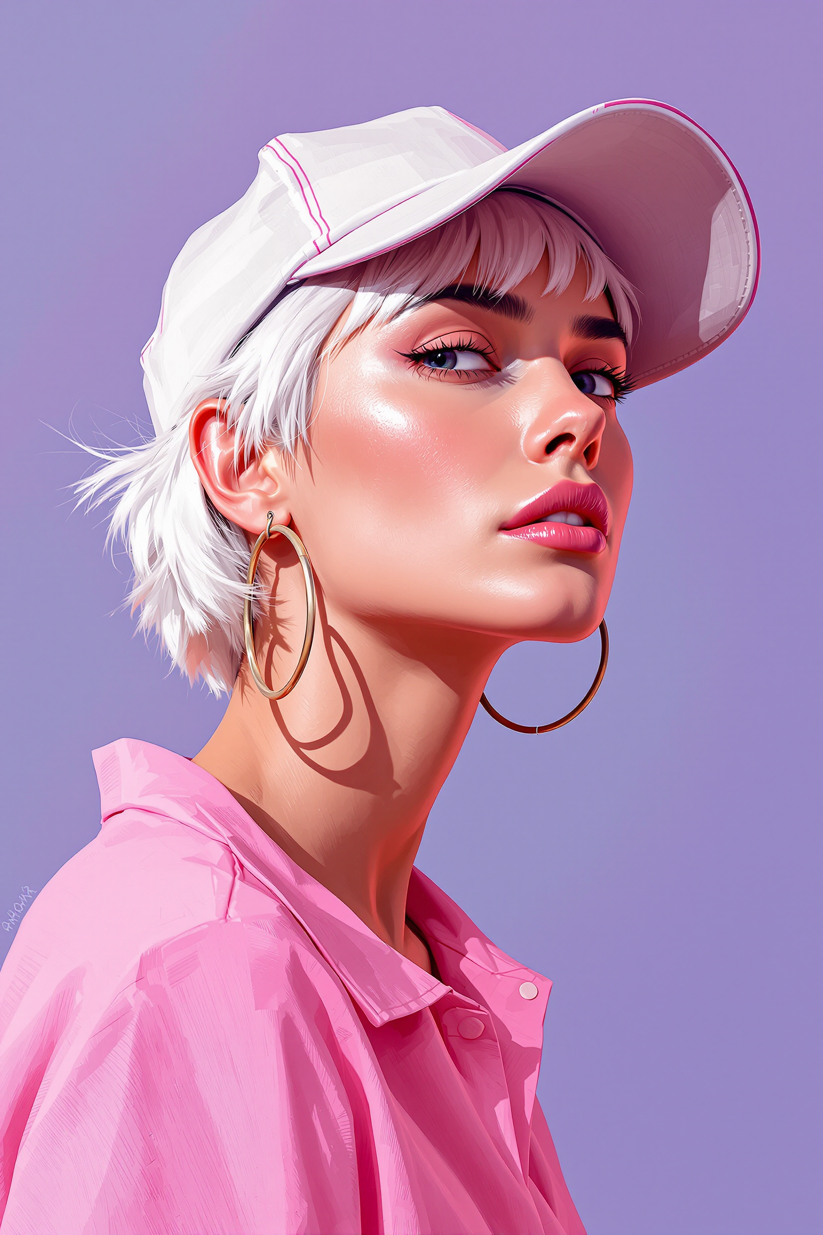  a woman with short white hair, rough digital brush strokes, wearing large hoop earrings and a baseball cap.overexposed,  bright on deep pink background. She is dressed in pink shirt. Speed painting low poly sketch. The background color is a flat, pure Klein Blue, with a minimalist, clean, and bright lighting style. This is a simplistic sketch, sharply focused portrait sketch with cinematic studio lighting, resulting in a masterpiece of the highest quality.