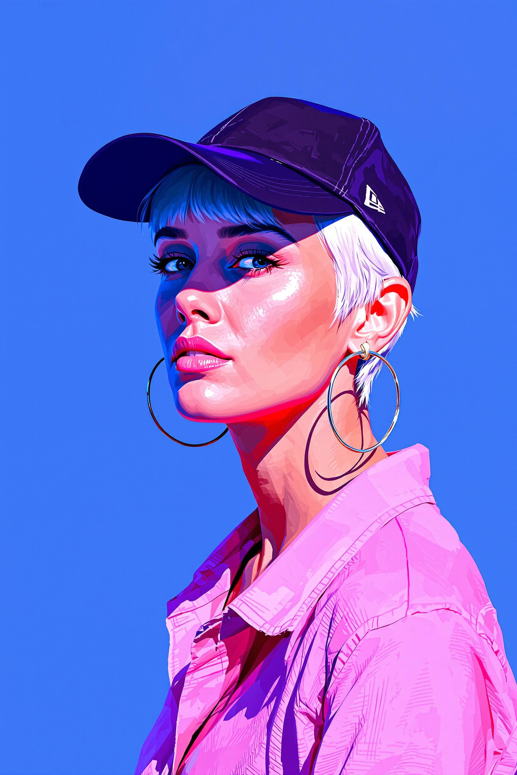  a woman with short white hair, rough digital brush strokes, wearing large hoop earrings and a baseball cap.overexposed,  bright on deep pink background. She is dressed in pink shirt. Speed painting low poly sketch. The background color is a flat, pure Klein Blue, with a minimalist, clean, and bright lighting style. This is a simplistic sketch, sharply focused portrait sketch with cinematic studio lighting, resulting in a masterpiece of the highest quality.