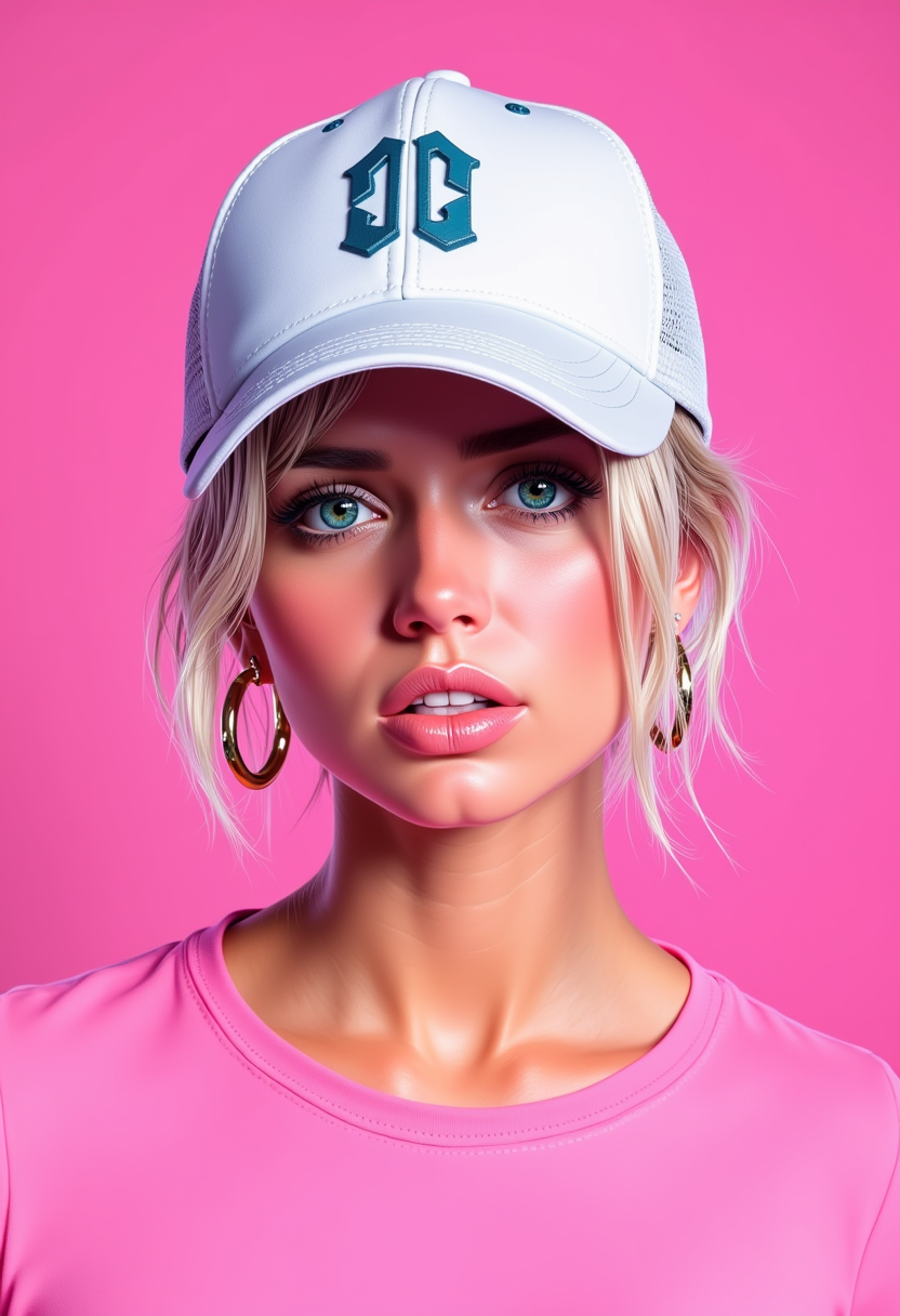 a photo of ANA$, A woman with short white hair, rough digital brush strokes, wearing large hoop earrings and a baseball cap.overexposed,  bright on deep pink background. She is dressed in pink shirt. Speed painting low poly sketch. The background color is a flat, pure Klein Blue, with a minimalist, clean, and bright lighting style. This is a simplistic sketch, sharply focused portrait sketch with cinematic studio lighting, resulting in a masterpiece of the highest quality.