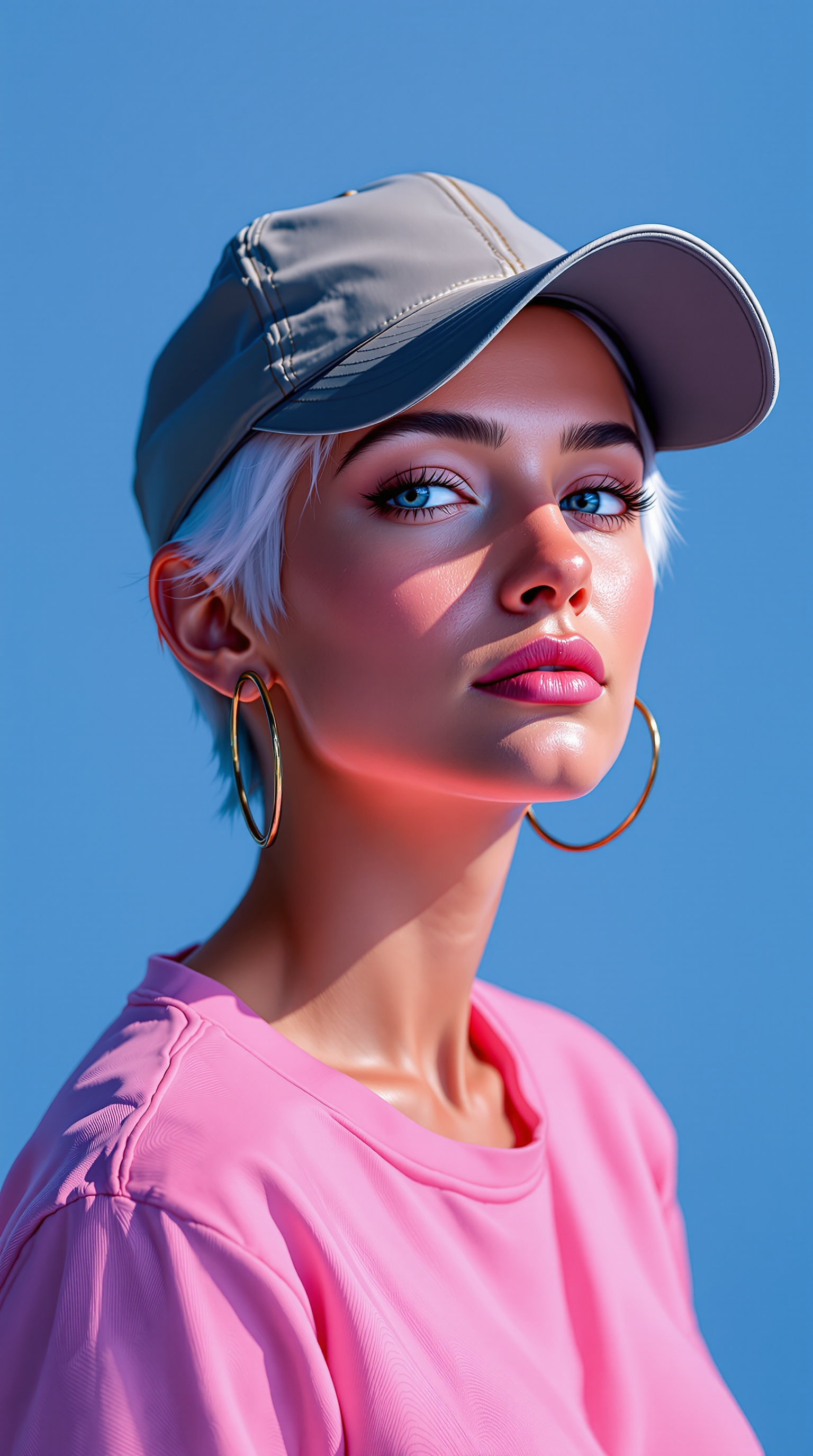 a photo of Ana de Armas, A woman with short white hair, rough digital brush strokes, wearing large hoop earrings and a baseball cap.overexposed,  bright on deep pink background. She is dressed in pink shirt. Speed painting low poly sketch. The background color is a flat, pure Klein Blue, with a minimalist, clean, and bright lighting style. This is a simplistic sketch, sharply focused portrait sketch with cinematic studio lighting, resulting in a masterpiece of the highest quality.