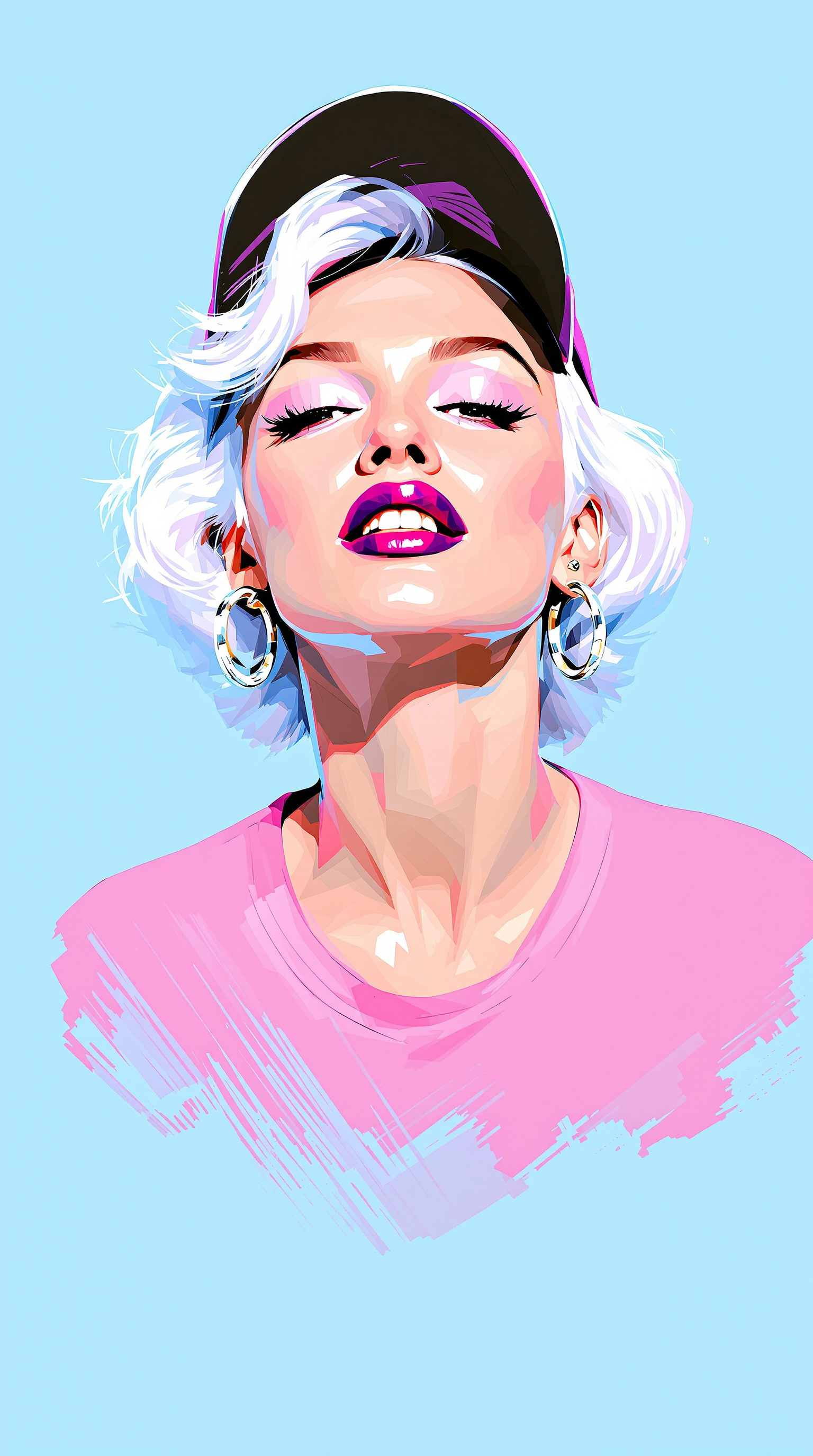a photo of Marilyn Monroe,  A woman with short white hair, rough digital brush strokes, wearing large hoop earrings and a baseball cap.overexposed,  bright on deep pink background. She is dressed in pink shirt. Speed painting low poly sketch. The background color is a flat, pure Klein Blue, with a minimalist, clean, and bright lighting style. This is a simplistic sketch, sharply focused portrait sketch with cinematic studio lighting, resulting in a masterpiece of the highest quality.