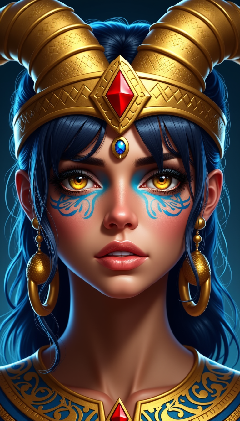 a photo of ANA$, This image is a closeup portrait of a figure that appears to be a fantasy character, possibly from a video game or a book cover illustration. The art style is highly detailed and realistic, with a focus on textures and lighting that give the image a threedimensional quality.The medium seems to be digital painting, as evidenced by the smooth blending of colors and the lack of brush strokes. The colors are rich and vibrant, with a predominance of blues, golds, and reds. The characters skin is a deep, rich brown, and the golden tones of the jewelry and accessories stand out against the cool blues and blacks of the background.The figure is adorned with an elaborate golden headpiece that features horns curving upwards, reminiscent of a ram or a goat. The headpiece is intricately designed with geometric shapes and patterns, and it is accented with three red gemstones that are set in a triangular arrangement. The gemstones are faceted, catching the light and reflecting the surrounding colors.The characters face is painted with blue and gold designs that seem to be inspired by ancient Egyptian or Aztec art. The blue paint is applied in swirling patterns around the eyes, and the gold paint outlines the eyes and eyebrows, giving the character a fierce and powerful expression. The eyes themselves are a piercing yellow, and they are detailed with long, thick lashes and a hint of red at the inner corners, which adds to the intensity of the gaze.The figure is also wearing large hoop earrings that match the golden tones of the headpiece. The earrings are adorned with small, round, faceted stones that catch the light, adding to the opulence of the overall look.The background is dark and moody, with a gradient of blues and blacks that fade into darkness. This serves to highlight the figure and the jewelry, making them the focal point of the image.Overall, the image exudes a sense of power, mystery, and ancient magic, with a strong emphasis on the characters piercing gaze and the opulence of the jewelry and accessories.