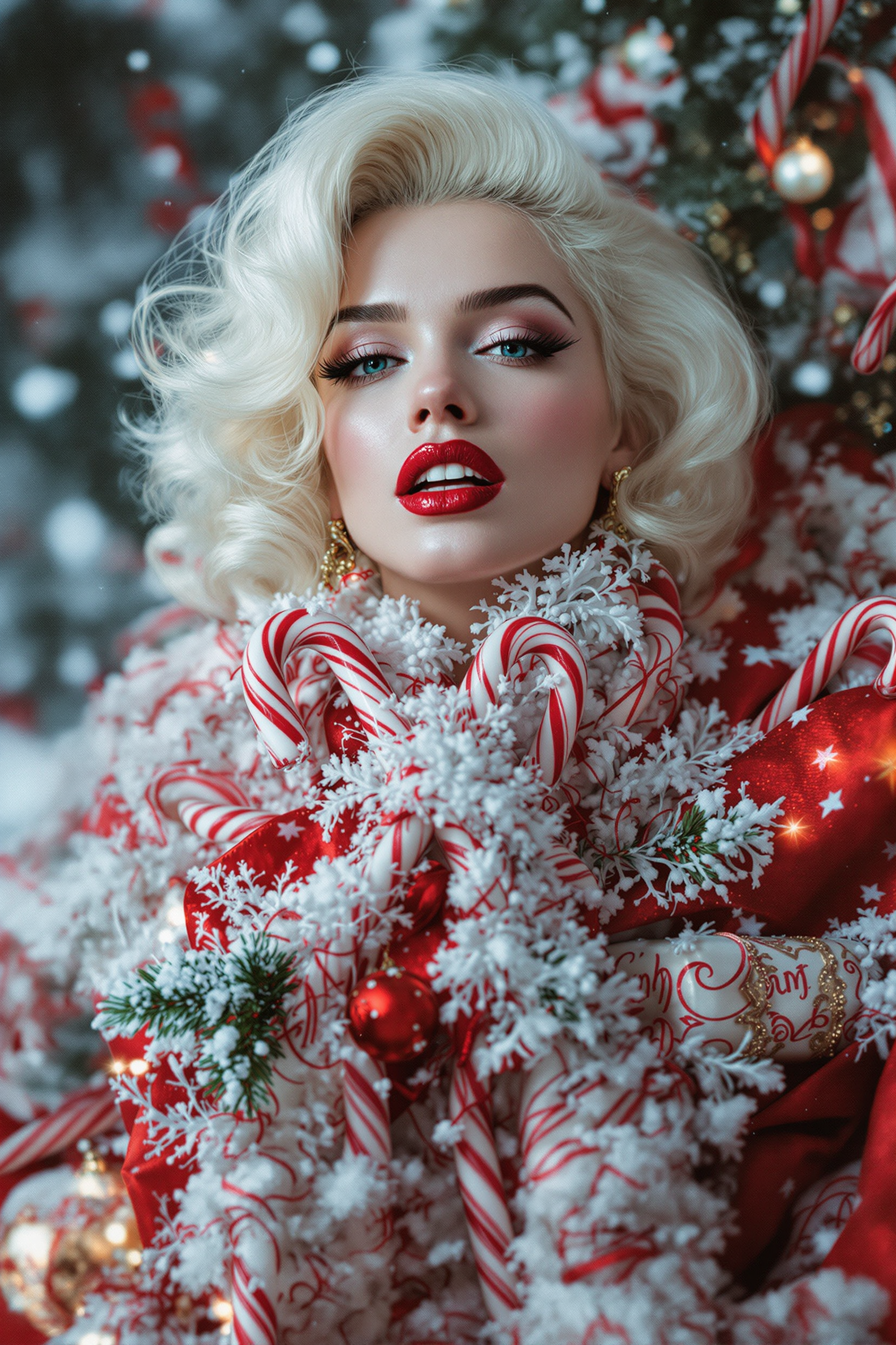 a photo of Marilyn Monroe, Winter candy cane fairy with white hair,  wrapped in a Christmas theme, Greg Rutkowski style, trending on  ArtStation, studio photo aesthetic, sharp focus, intricate details,  highly detailed, by Greg Rutkowski, trending on ArtStation, studio photo  aesthetic, sharp focus, intricate details.
