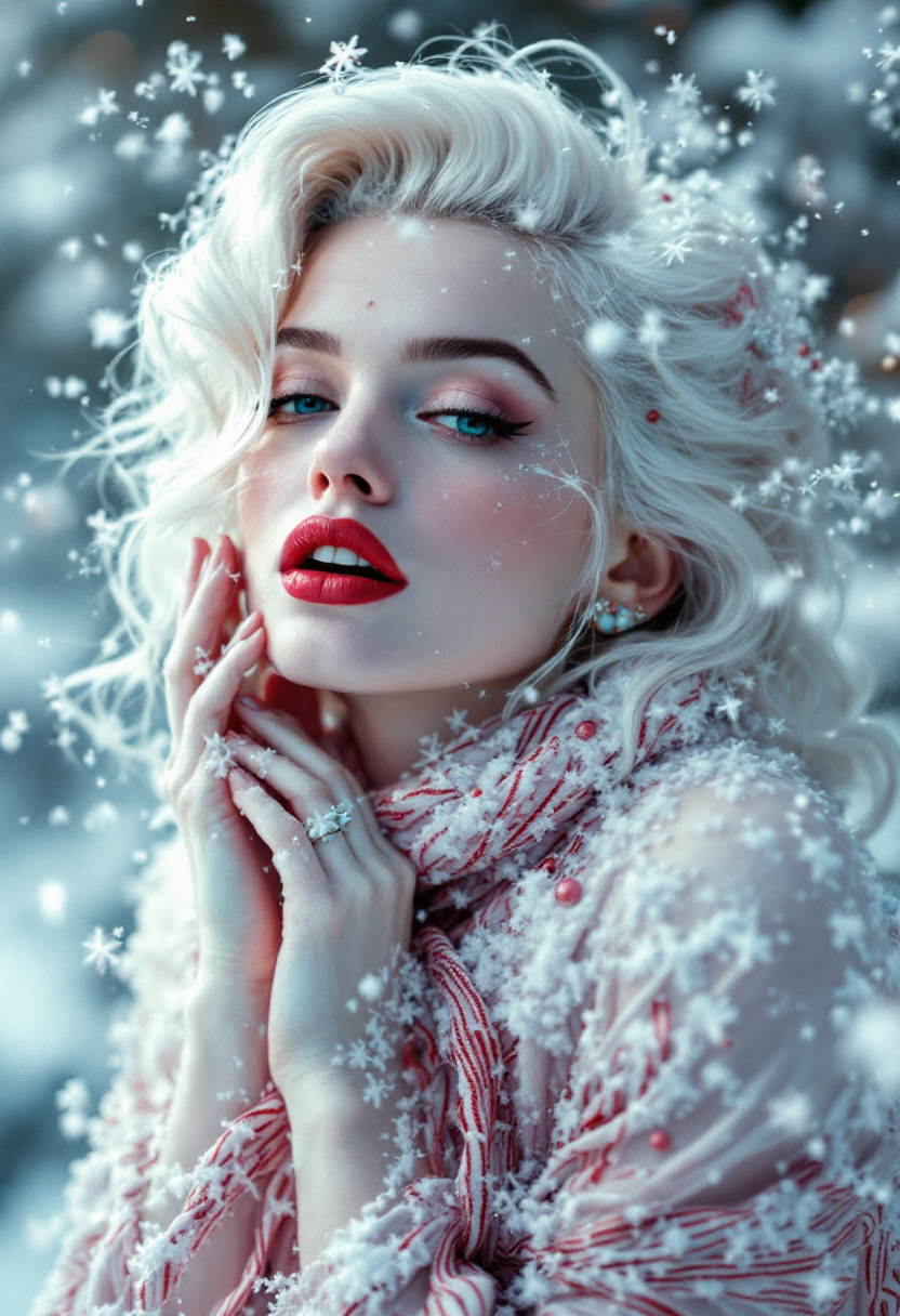 a photo of Marilyn Monroe, Winter candy cane fairy with white hair,  wrapped in a Christmas theme, Greg Rutkowski style, trending on  ArtStation, studio photo aesthetic, sharp focus, intricate details,  highly detailed, by Greg Rutkowski, trending on ArtStation, studio photo  aesthetic, sharp focus, intricate details.