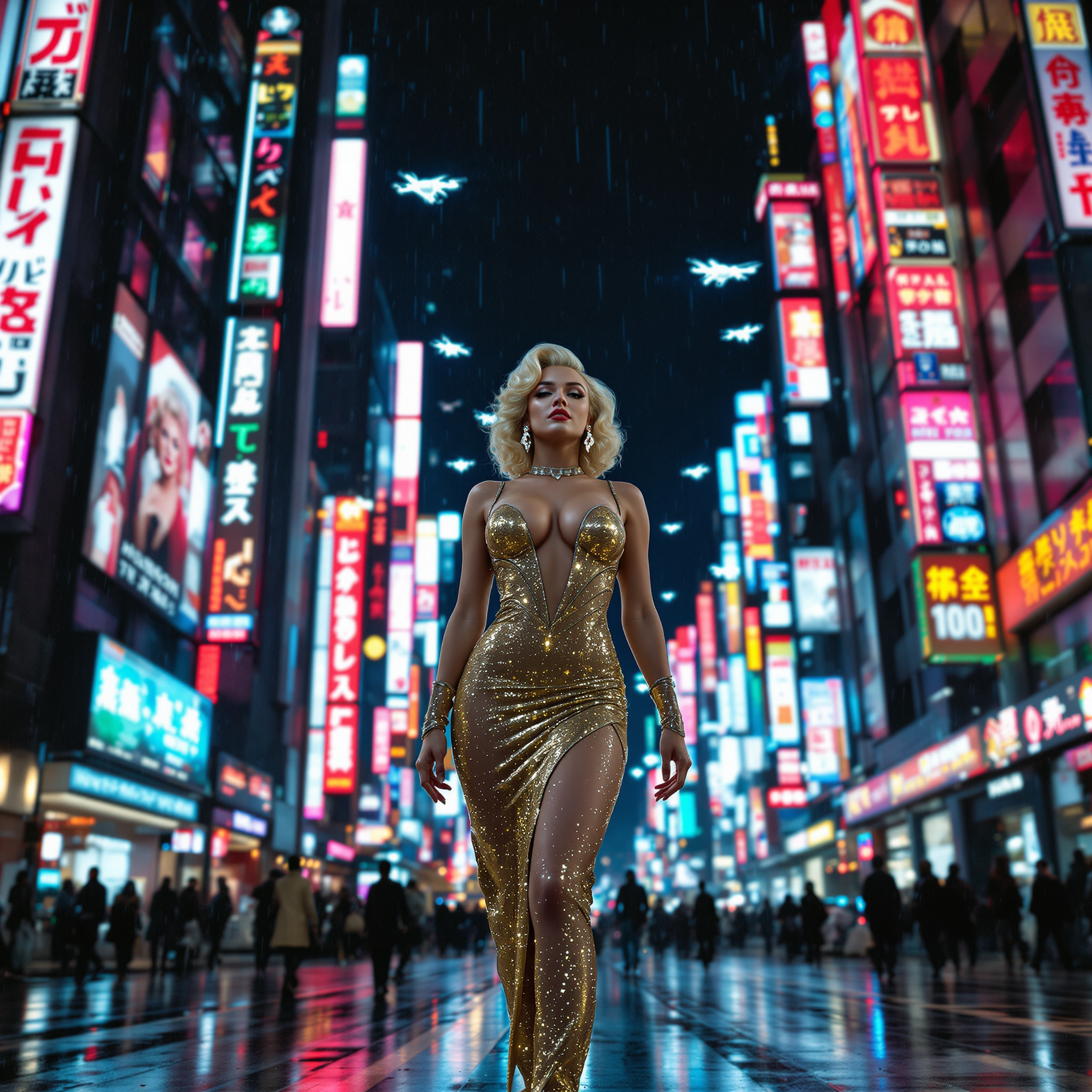 **Subject**: Marilyn Monroe reimagined in a futuristic Tokyo setting.

**Visual Details**: 
- **Hair**: Dark blonde, styled in Marilyn's iconic curls, yet with a futuristic twist, possibly with light-reflecting highlights.
- **Dress**: A sexy, form-fitting gold dress with a plunging neckline, made from a futuristic fabric that shimmers subtly under neon lights. The dress should be sleek, possibly incorporating elements of cyberpunk fashion like LED accents or holographic patterns.
- **High Heels**: Transparent, high-heeled shoes that give an illusion of floating, with subtle LED lights in the heels.
- **Bust**: Emphasized by the dress's cut, with a hint of futuristic jewelry or body adornments.

**Style**: 
- **Photography**: Use a high-contrast, cyberpunk aesthetic, with a mix of soft focus on Marilyn and sharp details on the cityscape behind her.
- **Artistic Influence**: Inspired by neo-noir films and Japanese anime aesthetics, capturing the blend of traditional beauty with futuristic elements.

**Composition**: 
- **Layout**: Marilyn stands confidently in the middle of a bustling, neon-lit street. Her pose should convey both allure and a touch of futuristic defiance.
- **Camera Angle**: Slightly low angle to enhance her stature and the futuristic skyscrapers behind her, creating a sense of grandeur and scale.
- **Framing**: Frame her between two towering holographic billboards, showcasing a mix of Japanese and English text, blending cultural elements.

**Mood and Atmosphere**: 
- **Time**: Nighttime, with the city's lights at their most vibrant.
- **Weather**: Light rain, with droplets caught in the neon lights, creating a moody, reflective atmosphere.
- **Ambiance**: A sense of anticipation and excitement, with the sounds of a futuristic city subtly implied through visual cues like blurred passersby and floating drones.

**Technical Aspects**: 
- **Lighting**: Neon lights from signs and holographic projections provide dramatic lighting, casting cool shadows and highlighting Marilyn's features.
- **Depth of Field**: Shallow depth of field, focusing on Marilyn while allowing the futuristic Tokyo backdrop to blur slightly, enhancing the sense of depth and immersion.

**Cohesion**: The scene blends Marilyn Monroe's timeless beauty with the dynamic, neon-infused environment of a future Tokyo, creating a visual narrative of time travel or alternate reality.