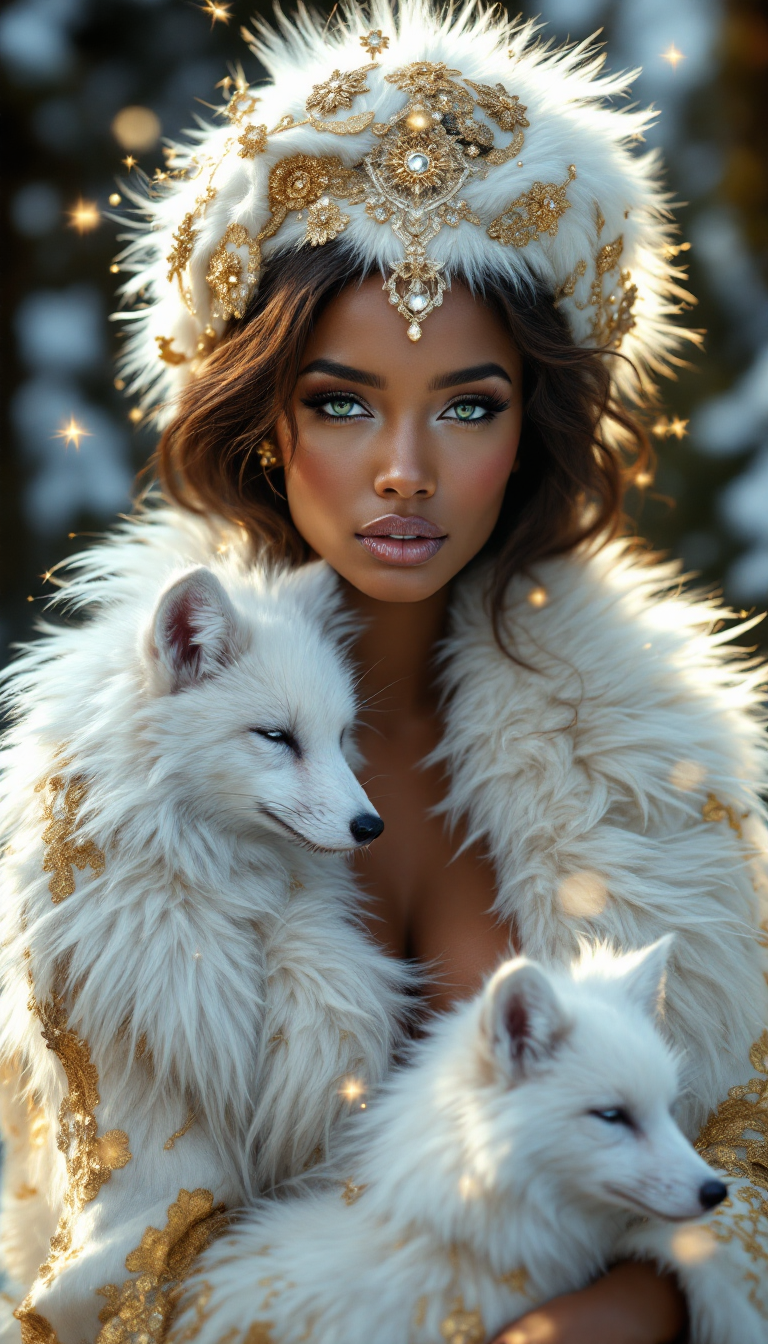  Marilyn Monroe,  "An ultra-realistic and hyper-detailed portrayal of an ethereal and sophisticated African woman in a transcendental meditative state, seamlessly blending elegance, mysticism, and winter opulence. The central figure exudes divine beauty, with flawless skin and piercing green eyes that capture a tranquil yet intense aura, radiating wisdom and mysticism. Her long, chestnut hair cascades in soft waves, subtly illuminated by golden and icy light that dances across her figure.
She is adorned with a luxurious white fur robe that appears to transform seamlessly into a living cascade of arctic foxes. The foxes' fluttering fur and elegant tails form an enchanting collar and train, intertwining with the woman in a breathtaking blend of nature and artistry. On her head rests a magnificent hat, combining intricate African motifs in rich white fur and gold embroidery, symbolizing cultural heritage and regal elegance.
Her outfit features a sheer white flowing robe with intricate celestial golden embroidery, plunging to reveal her natural form with tasteful allure. Cascading diamond accessories shimmer like falling snow, echoing the sparkling ice crystals in the background. The dramatic lighting highlights every detail, creating a golden hour effect that enhances the depth and texture of her form, fur, and fabric.
The setting is a masterpiece of winter mysticism: an opulent temple adorned with swirling snow patterns inspired by African geometric designs. Flickering candles, delicate rose petals, and curling wisps of incense smoke add a sacred ambiance, while the icy blue and rich gold hues of the environment create a harmonious blend of warmth and cold. The snow-covered landscape, infused with magic, seems to be under her control, with swirling snowflakes and shimmering ice forming a mesmerizing aura around her.
The composition combines the divine artistry of Gustav Klimt, the cinematic elegance of Paolo Roversi, and the hyper-realistic detail of fine fashion photography. Every element, from the luxurious textures to the interplay of light and shadow, evokes serenity, beauty, and the enigmatic power of a winter goddess." Created by Sasan