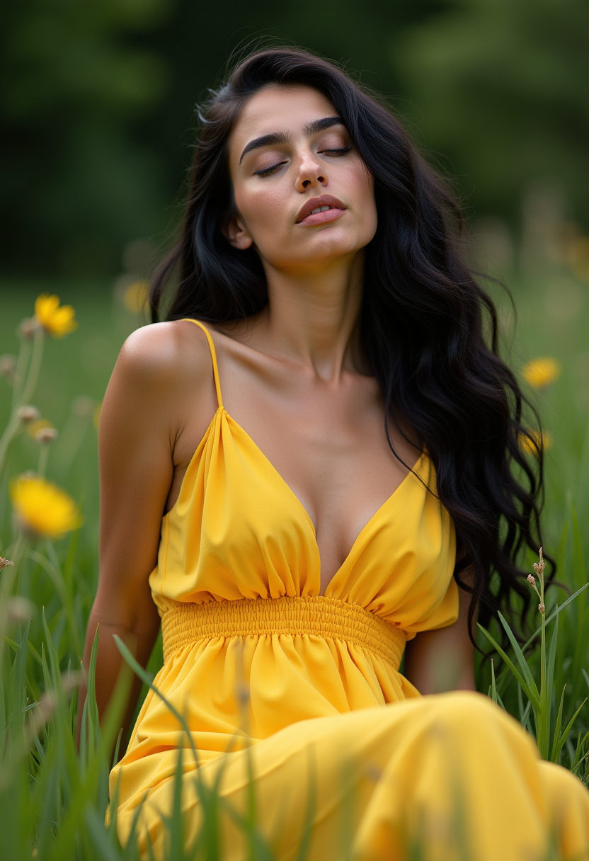 a very pretty young woman,30 years old,long black wavy hair,sitting in the grass in a garden,wearing a yellow sun dress,flat chested,laying asleep in the grass 
