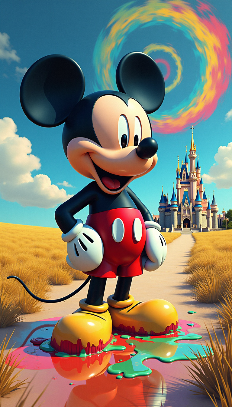 Imagine a scene rendered in a style reminiscent of Salvador Dali. Mickey Mouse, rendered in a hyperrealistic yet slightly distorted way, is melting like a clock in a sun-drenched landscape. His cheerful grin stretches into an unsettling, almost grotesque parody of happiness. His iconic black outline wavers and drips, merging with a puddle of vibrant, primary-colored paint that spreads across the ground. In the background, a miniature, perfectly formed Cinderella's castle stands upright, seemingly unaffected by the surreal melting of Mickey, creating a jarring juxtaposition of childhood innocence and unsettling decay. The sky itself is a swirling vortex of impossible colours, hinting at a dreamlike, illogical reality.