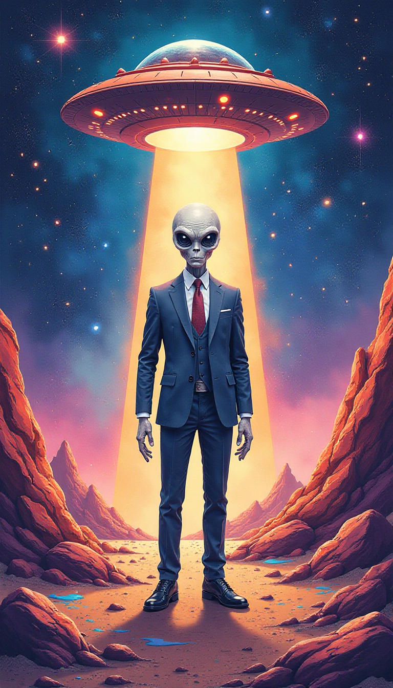A watercolor-style wide long shot of a grey alien wearing a formal suit, standing amidst a vibrant and colorful cosmic setting. The alien is in front of a UFO that emits a radiant beam of light. The background contains a myriad of stars and cosmic elements. The ground beneath the alien is adorned with splashes of vivid colors and contains some rocky formations. The entire scene has a dreamy ambiance.