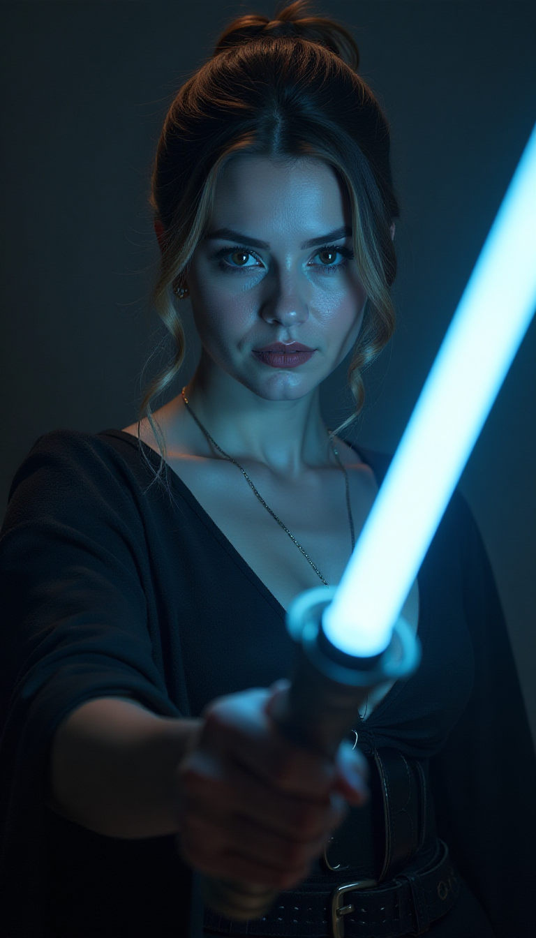 Dramatic photo of a 25 year old elegant woman holding a light sabre