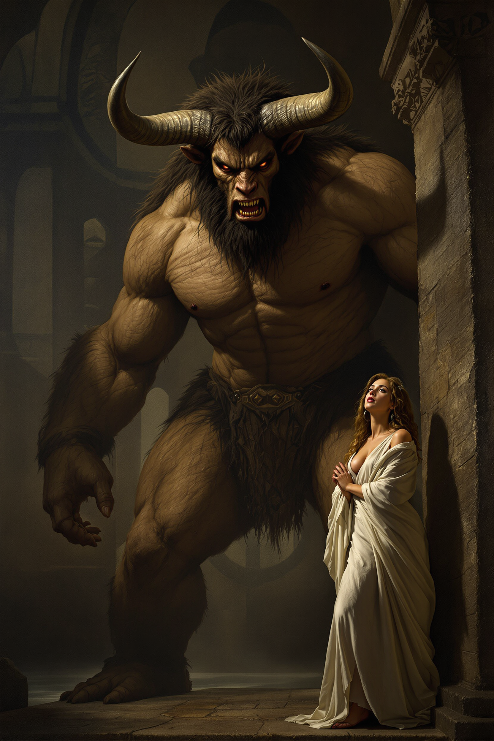 A colossal Minotaur, its muscular, fur-covered body glistening under the dim torchlight of an ancient, labyrinthine chamber. The creature's eyes, fierce and calculating, gaze intently at a young woman draped in a delicate white gown, symbolizing her status as one of the seven virgins sent as tribute. The woman's face reflects a mix of fear and resignation, her features beautifully captured in a chiaroscuro effect, contrasting sharply with the rugged, brutal appearance of the Minotaur. The chamber, filled with elaborate stone carvings and flickering shadows, adds a sense of historical depth and mythic intensity. The scene is rendered in the dramatic, emotive style of Caravaggio, with a strong focus on realism and intense lighting. The atmosphere is tense and foreboding, with the distant sound of dripping water and echoing footsteps enhancing the sense of impending doom. The overall composition places the Minotaur slightly off-center, looming over the woman who is positioned to the right, creating a dynamic balance between dominance and vulnerability.  The woman is standing against the wall, as if tryng to escape, a look of shocked horror on her face