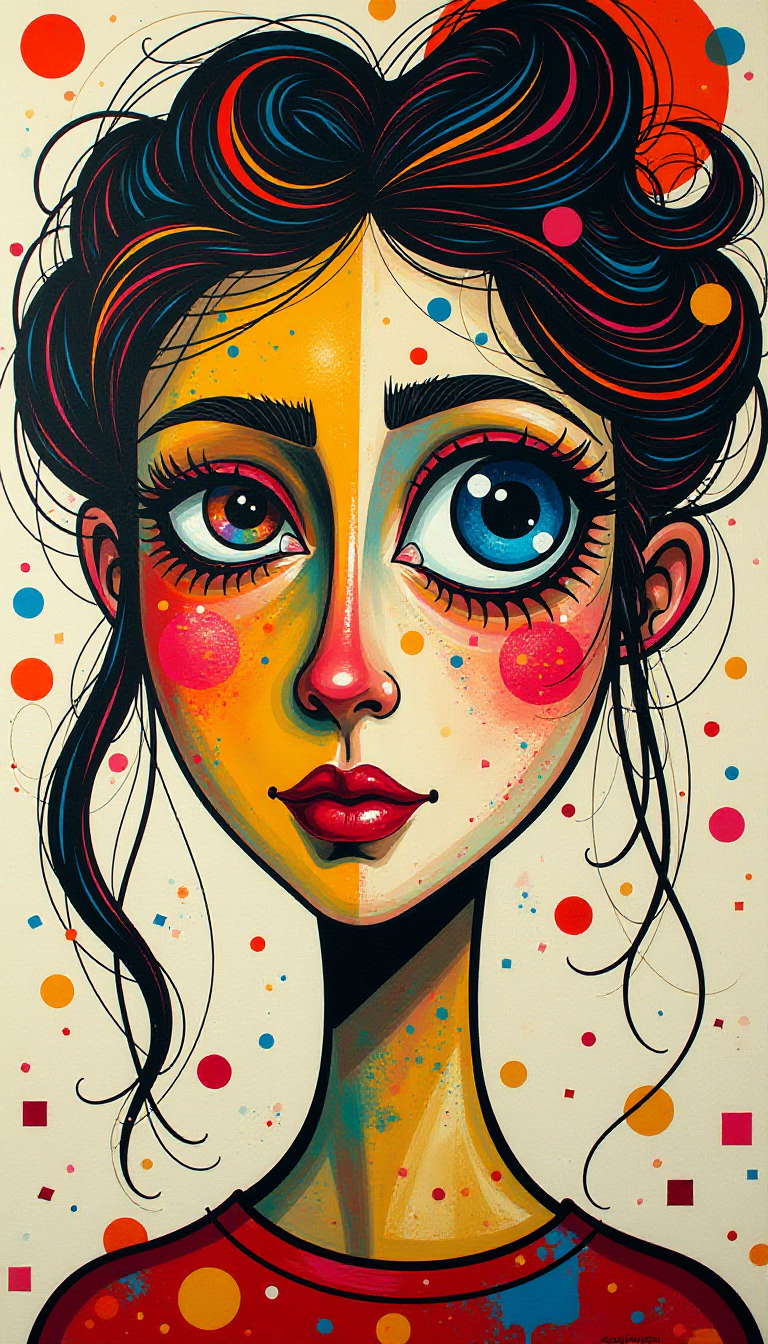 an abstract art piece that appears to be a portrait of a woman's face. The face is made up of various colors and shapes, including red, yellow, green, blue, and black. The woman's eye is large and blue, with a red iris in the center. Her hair is styled in a messy, abstract manner, with swirls and curves. The background is filled with various shapes and patterns, including circles, squares, and rectangles. The overall style of the image is chaotic and chaotic, with bright colors and bold lines.