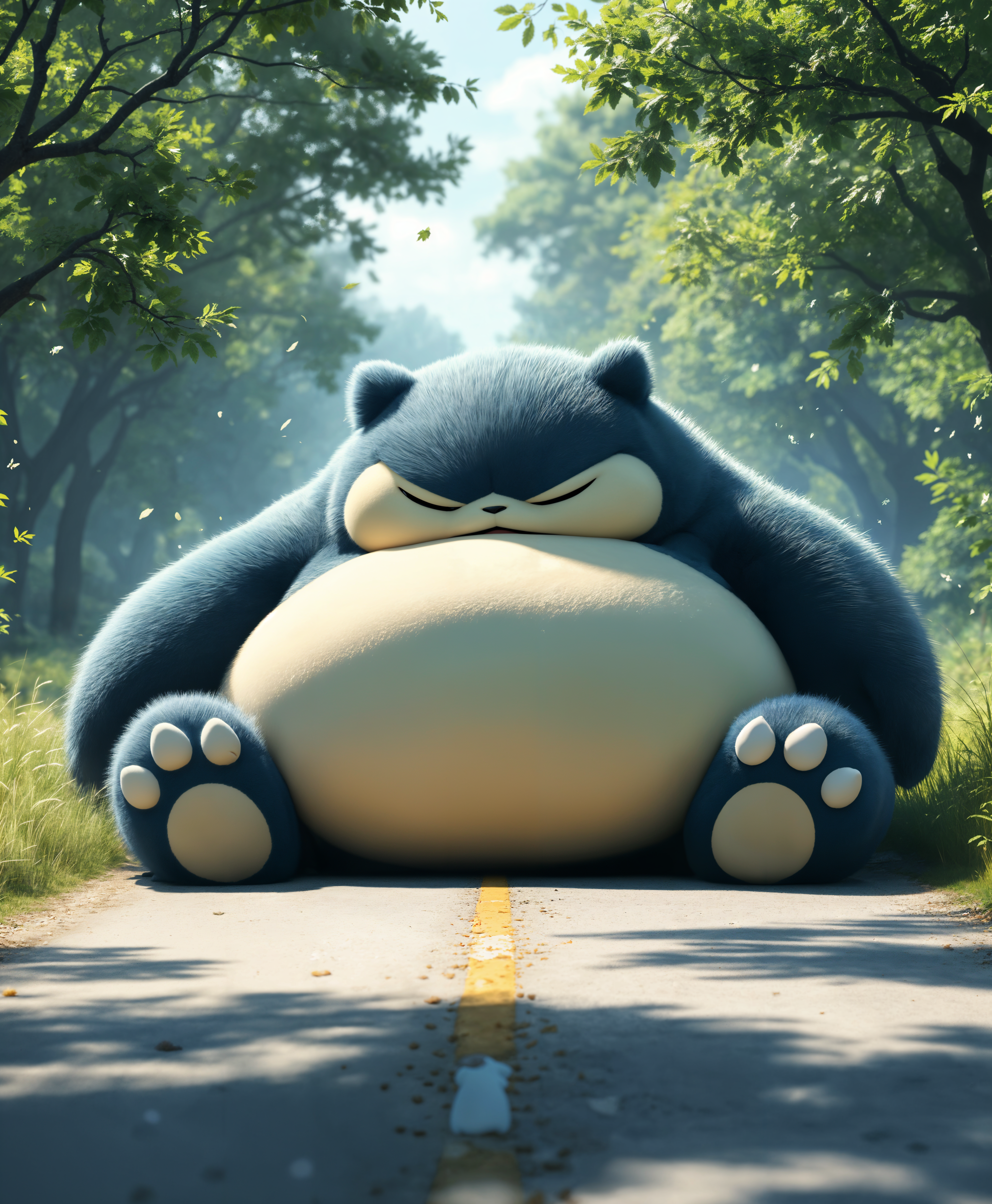 masterpiece, best quality, highres, sharp image, more detail, masterpiece, best quality, highres, sharp image, more detail, Create a high-definition digital art of Snorlax from Pokémon, **asleep and snoring** on a **sunlit rural road**. 

**Visual Details**: 
- Snorlax's fur should be depicted with **soft, fluffy textures**, showcasing its **bluish-grey color** with lighter tones on the belly and face. 
- **Shadows** should be cast under Snorlax, emphasizing its massive size and weight.
- **Particles of dust** and **small leaves** could be floating in the air, disturbed by his snoring.

**Style**: 
- The image should mimic the **crisp, vibrant style** of Pokémon's original artwork but with **hyper-realistic textures** for a more **cinematic** feel.

**Composition**: 
- Position Snorlax **centrally** on the road, **blocking the entire path**, with his head slightly turned to the side, mouth open in a snore. 
- Use a **wide-angle lens effect** to emphasize the scale of Snorlax compared to the road and surrounding environment.

**Mood and Atmosphere**: 
- The scene should evoke a **lighthearted, humorous** atmosphere, with **midday sunlight** casting long, playful shadows. 
- The sky should be clear with **fluffy clouds** drifting by, adding to the serene yet comical setting.

**Technical Aspects**: 
- **Depth of field** should focus on Snorlax, with the road and landscape in soft focus around him. 
- Utilize **bokeh** effects in the background to simulate a **shallow depth of field** typical in professional photography.
- **High dynamic range (HDR)** techniques to capture the range of light and shadow, enhancing the realism of the scene.

**Cohesion**: 
- Ensure the **sunlit, serene environment** contrasts with Snorlax's **obtrusive presence**, creating a **humorous juxtaposition** that feels both **authentic** to the Pokémon universe and **visually engaging** for viewers.
