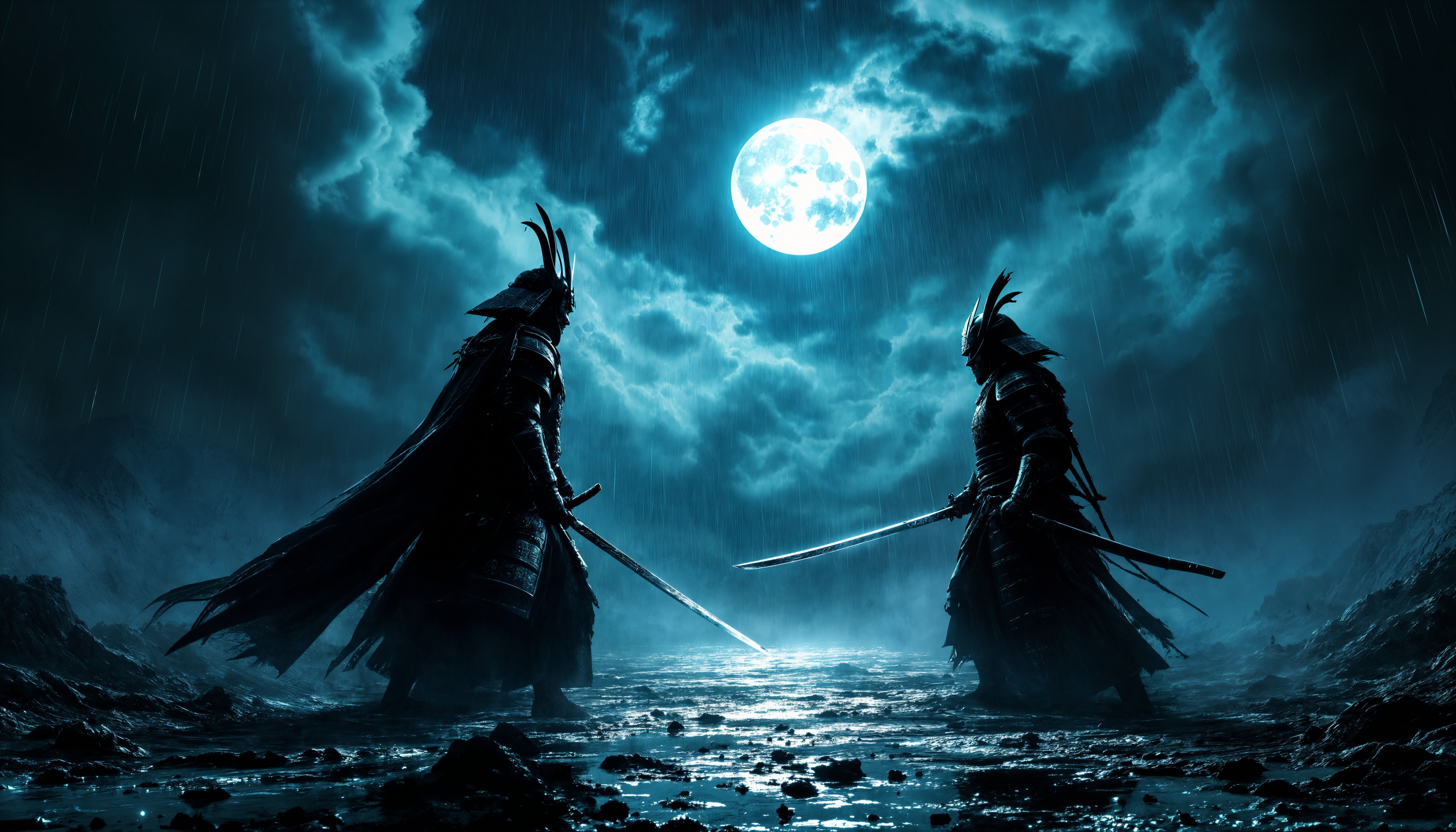 masterpiece, best quality, highres, sharp image, more detail, masterpiece, best quality, highres, sharp image, more detail, Create an intense and dramatic scene featuring **two samurai warriors** in their final standoff, poised for the decisive clash. The setting is a **dark, stormy night** under a **full moon**, with heavy, swirling **dark clouds** and **torrential rain** adding to the tension. 

- **Visual Details**: 
  - The samurai's armor gleams subtly under the moonlight, with intricate designs reflecting the moonlight in silver and dark hues. Their blades are sharp, reflecting the dim light with a menacing glow.
  - The ground is muddy, with puddles reflecting the moon and the silhouettes of the warriors.

- **Style**: 
  - Capture the scene in a **cinematic, high-contrast style**, reminiscent of a classic samurai film. Use a **chiaroscuro** technique to enhance the drama between light and shadow.

- **Composition**: 
  - The camera angle is low, looking up at the warriors, emphasizing their grandeur and the impending clash. 
  - One samurai is slightly forward, his silhouette against the moon, the other poised in a defensive stance, rain dripping off his blade.

- **Mood and Atmosphere**: 
  - The atmosphere is **foreboding and charged with tension**. The sound of rain and distant thunder should almost be palpable in the image.
  - The moon provides a stark, eerie light, casting long shadows and highlighting the faces of the warriors, showing their determination and the gravity of the moment.

- **Technical Aspects**: 
  - Use **long exposure** to capture the streaks of rain and the movement of clouds, creating a dynamic and fluid feel to the scene.
  - Employ **selective focus** to draw attention to the samurai's eyes or the tips of their swords, where the clash will occur.

- **Cohesion**: 
  - Every element, from the rain to the clouds, the moon, and the warriors' stances, should convey the imminent clash and the finality of this encounter, creating a cohesive, intense moment frozen in time.