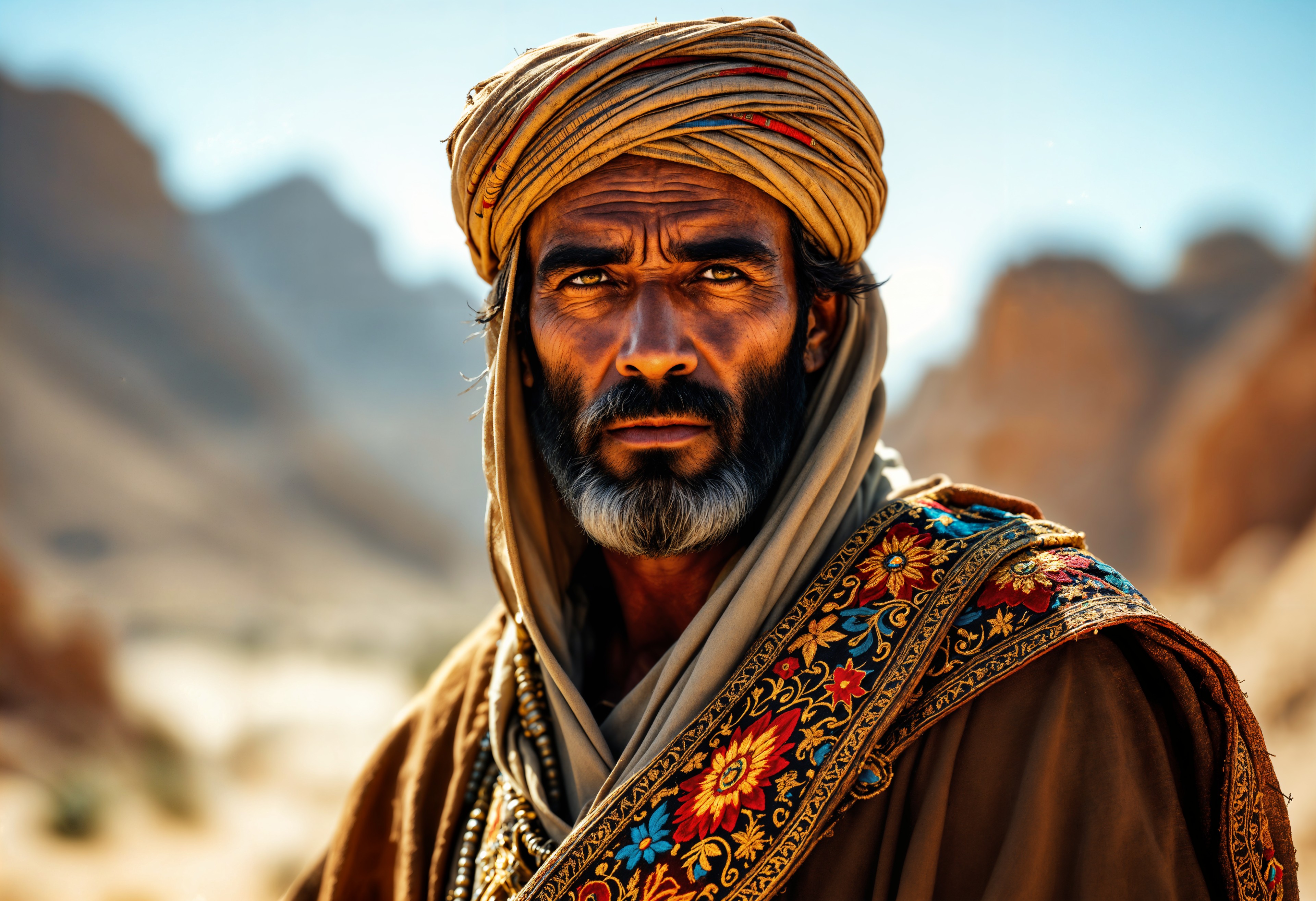 masterpiece, best quality, highres, sharp image, more detail, masterpiece, best quality, highres, sharp image, more detail, A high-resolution portrait of a Yemeni warrior, **Subject**: A stoic Yemeni man in traditional attire, **Clothing**: Adorned in a vibrant, detailed, and intricately embroidered Yemeni jambiya dagger at his waist, **Lighting**: Harsh sunlight casting dramatic shadows across his face, **Environment**: Set against the backdrop of rugged Yemeni mountains, **Details**: His face weathered by the sun, with deep lines and a piercing gaze, **Colors**: Earthy tones with splashes of bright red, blue, and gold from his clothing, **Style**: Photorealistic with elements reminiscent of National Geographic photography, **Camera**: Low angle shot to emphasize his stature and presence, **Mood**: A sense of pride, resilience, and the weight of cultural heritage, **Atmosphere**: The air is dry, with a slight haze from the desert sands, **Technical Aspects**: Shallow depth of field focusing on the warrior, with the background slightly blurred, **Composition**: Rule of thirds, with the warrior positioned to the left, allowing space for the vast landscape on the right.