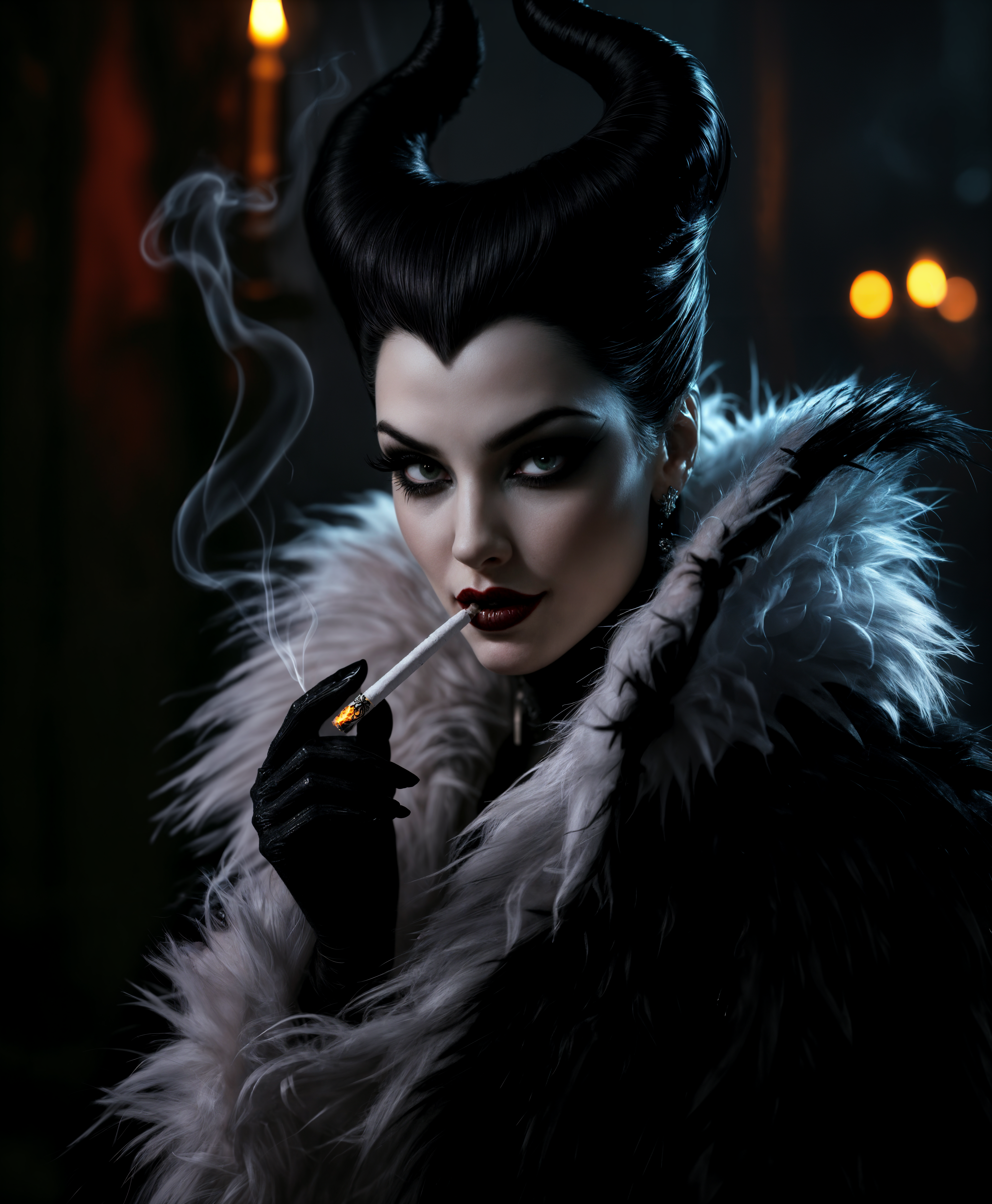 masterpiece, best quality, highres, sharp image, more detail, masterpiece, best quality, highres, sharp image, more detail, A high-resolution, hyper-realistic portrait of **Cruella De Vil** in her iconic black and white fur coat, her **cigarette smoke** swirling around her like a dark aura, capturing her **villainous essence**. She stands in a **sinister, dimly lit** environment, perhaps an old, **gothic mansion**, with **shadows playing across her face**, emphasizing her **piercing gaze** and **menacing smile**. The image should reflect a **film noir** style, with **chiaroscuro lighting** creating dramatic contrasts between light and dark, enhancing her **evil** demeanor. Her **pose** is **confident and dominant**, with the cigarette held elegantly, the smoke curling upwards, blending into the **moody, atmospheric** background. The focus should be on her **face and eyes**, capturing the **intensity and malice** behind them, with **texture** details like the fur's softness and the **cigarette's ember** glowing faintly. The **camera angle** is slightly low, looking up at her, adding to her **intimidating presence**.