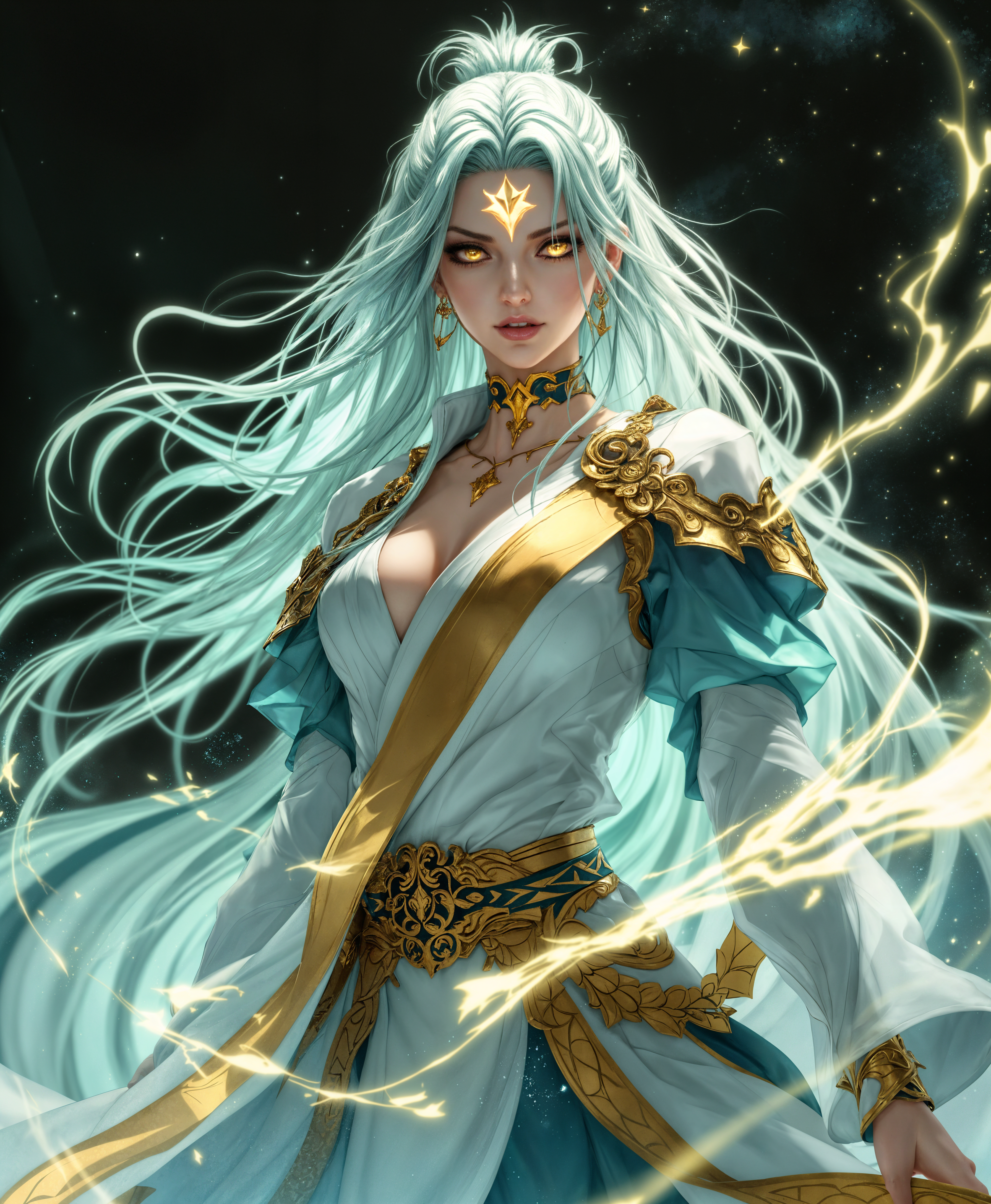 masterpiece, best quality, highres, sharp image, more detail, masterpiece, best quality, highres, sharp image, more detail, Create a high-quality portrait of Halibel from the anime "Bleach" in her Espada form:

**Subject**: Halibel, the 3rd Espada, should be the central focus, radiating power and dominance.

**Visual Details**:
- **Costume**: Her distinctive Espada uniform, with intricate details on the mask remnants around her eyes, and her sash that flows with dynamic movement.
- **Colors**: Predominantly teal and white, with hints of gold for her sash and accessories. The colors should be vibrant yet slightly desaturated to convey her spiritual energy.
- **Texture**: The fabric of her attire should appear smooth yet sturdy, with subtle patterns reminiscent of ocean waves.
- **Lighting**: Backlit with a soft glow, highlighting her silhouette against a darker background, enhancing her ethereal presence.

**Style**: 
- **Artistic Influence**: Draw inspiration from the dramatic flair of Baroque art, focusing on contrast and light to create depth and drama. 
- **Technique**: Use a digital painting technique that mimics traditional oil painting, providing a rich, layered look.

**Composition**: 
- **Framing**: Use a medium close-up shot, framing her from mid-torso upwards, ensuring her mask and eyes are the focal point.
- **Camera Angle**: Slightly low angle to give her an imposing stature, suggesting her command over the scene.
- **Subject Positioning**: Halibel stands with a poised, yet relaxed stance, one hand subtly holding her sash, the other possibly gesturing with her Zanpakuto, indicating readiness or contemplation.

**Mood and Atmosphere**: 
- **Ambiance**: An aura of calm before the storm, with a sense of latent power, her expression serene yet piercing.
- **Time of Day**: Twilight, with the sky behind her transitioning from a deep blue to a soft purple, enhancing the mystical atmosphere.
- **Weather**: A gentle breeze, causing her sash to flutter slightly, adding to the dynamic feel.

**Technical Aspects**: 
- **Depth of Field**: Use a shallow depth of field to keep Halibel sharply in focus while the background softly blurs, emphasizing her as the subject.
- **Color Harmony**: Utilize a color palette that creates visual harmony, with cool tones dominating to match her water-based abilities.
- **Detailing**: Pay attention to the fine details of her mask remnants and the texture of her hair, making it appear both fluid and solid.

This composition should portray Halibel as both a formidable warrior and a serene leader, capturing her essence as one of the most